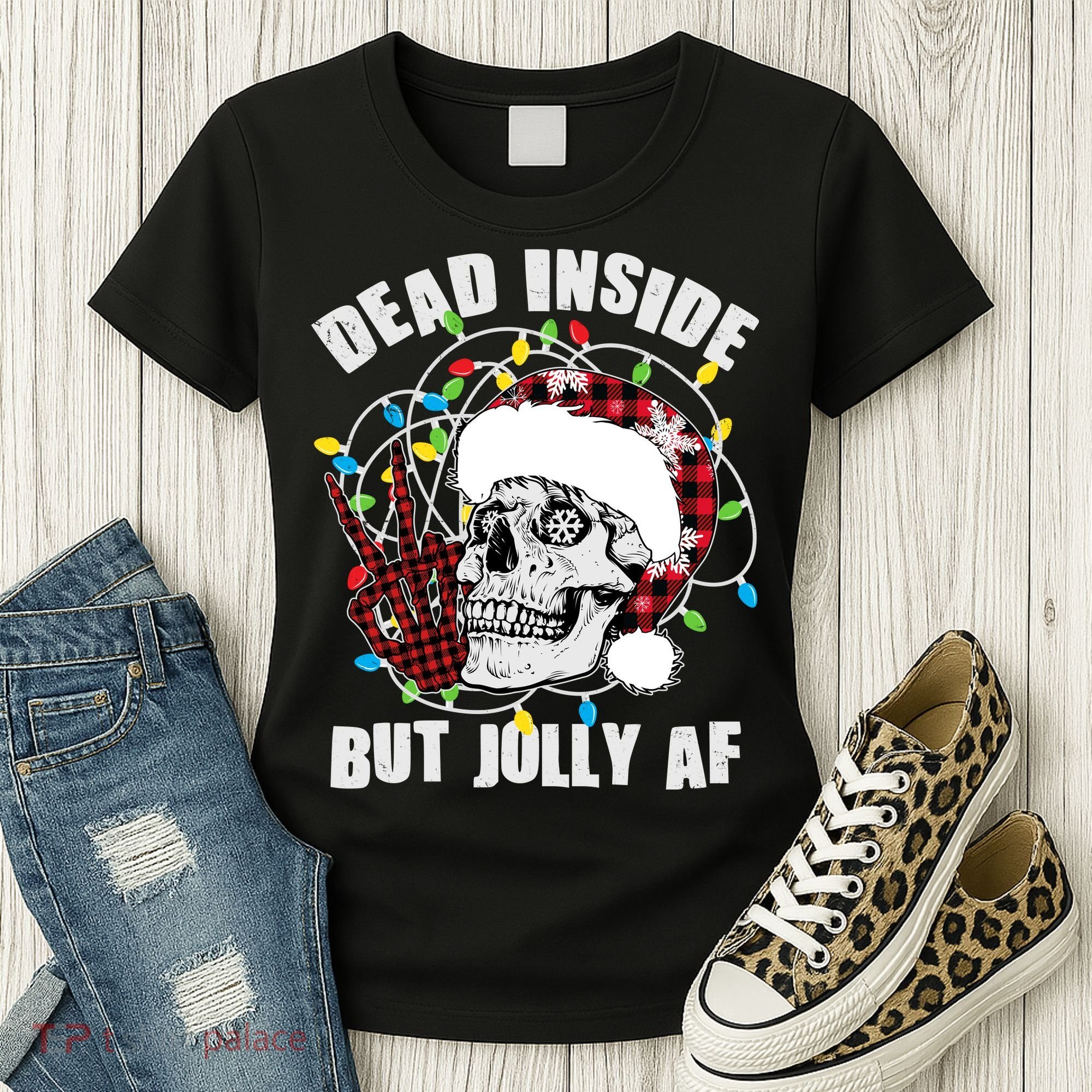 Funny Christmas Dead Inside But Jolly AF Peace Out Skull Women's T-Shirt