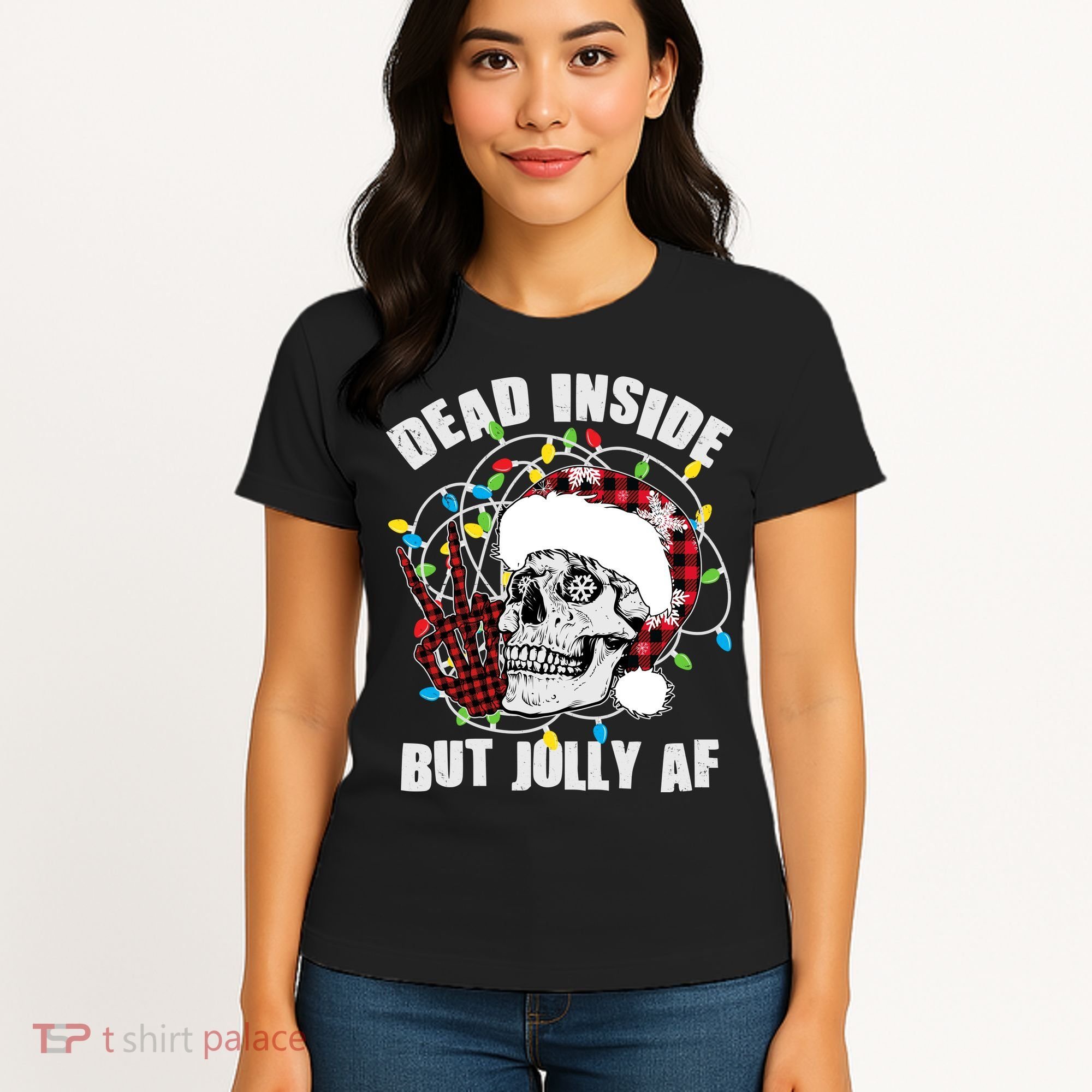 Funny Christmas Dead Inside But Jolly AF Peace Out Skull Women's T-Shirt