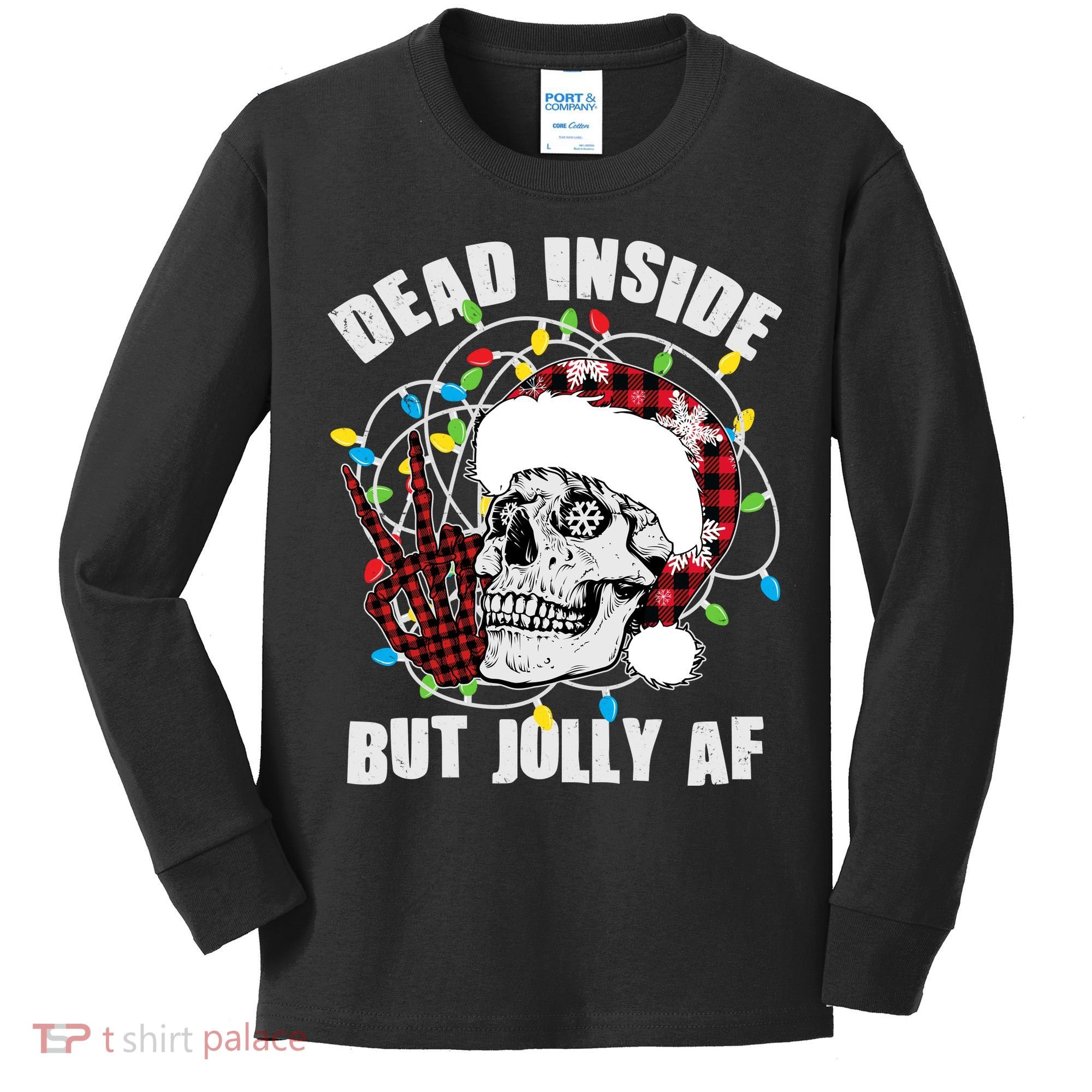 Funny Christmas Dead Inside But Jolly AF Peace Out Skull Kids Long Sleeve Shirt