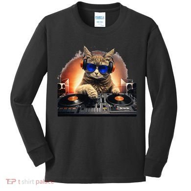Funny Cat DJ Kids Long Sleeve Shirt