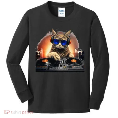 Funny Cat DJ Kids Long Sleeve Shirt