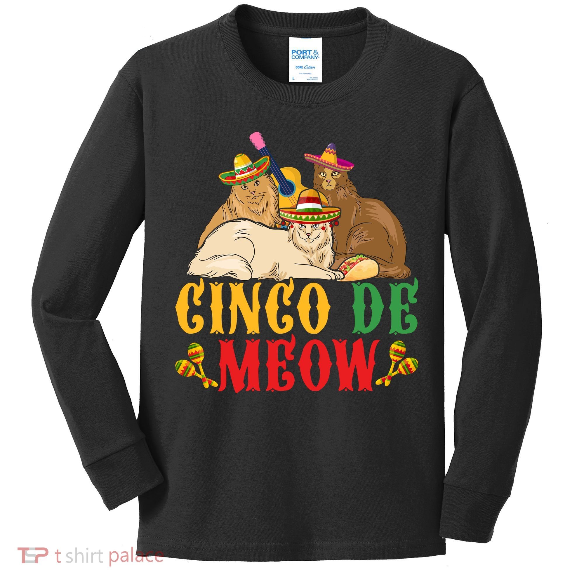 Funny Cinco De Mayo Gift Cinco De Meow Cat Sombrero Kids Long Sleeve Shirt