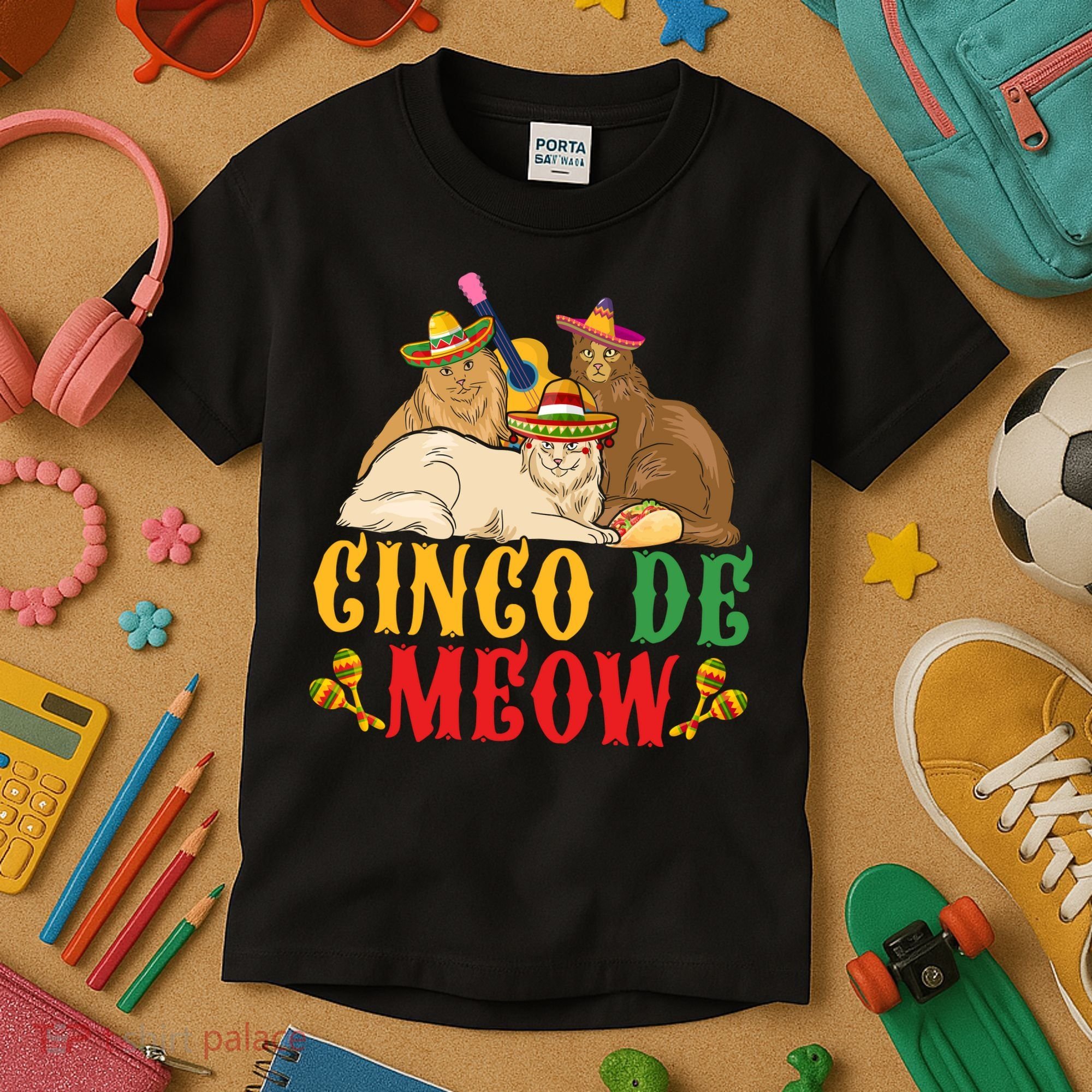 Funny Cinco De Mayo Gift Cinco De Meow Cat Sombrero Kids T-Shirt