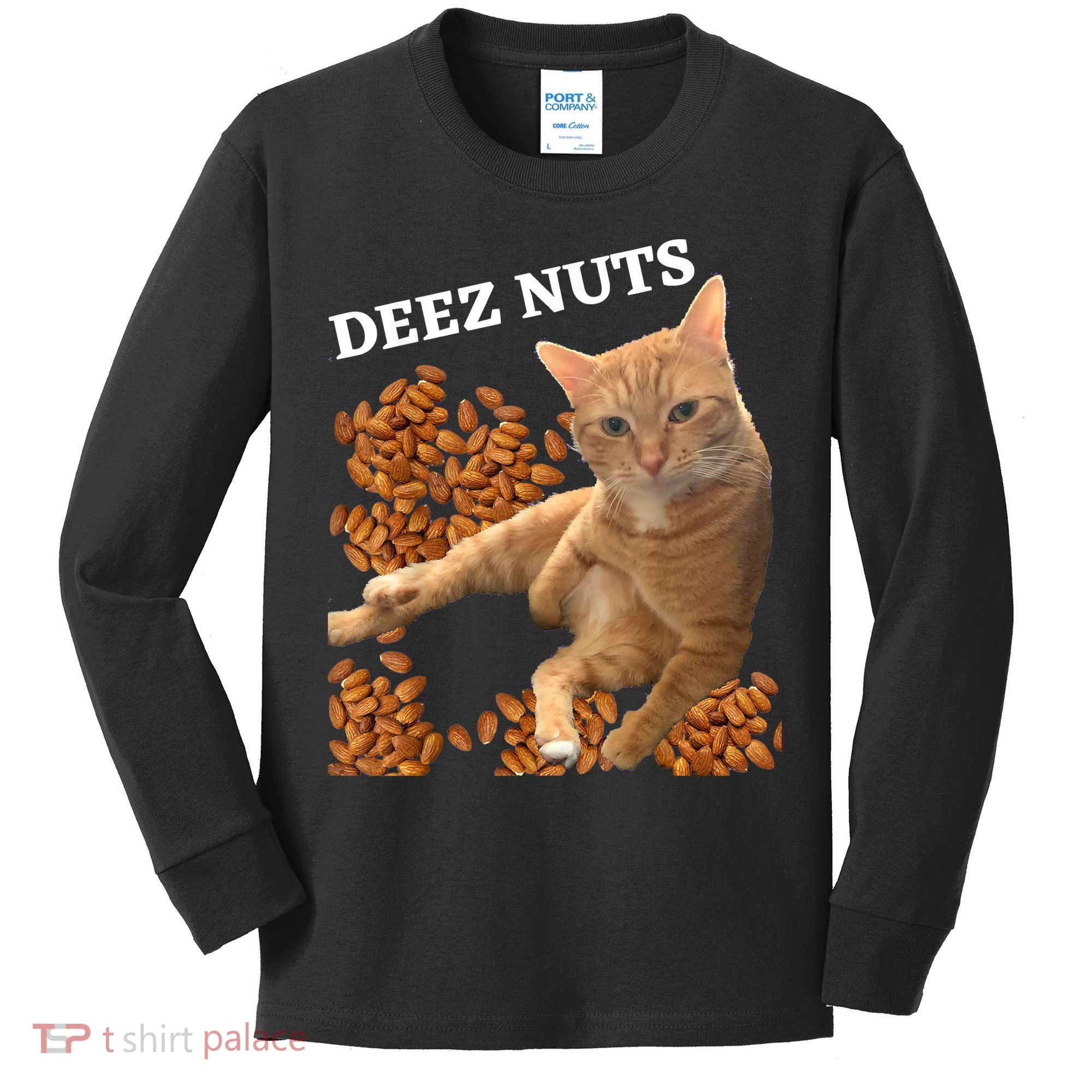 Funny Cat Deez Nuts Joke Kids Long Sleeve Shirt