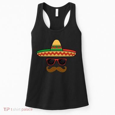 Funny Cinco De Mayo Face Mexican With Sombrero Hat Sunglass Women's Tank Top
