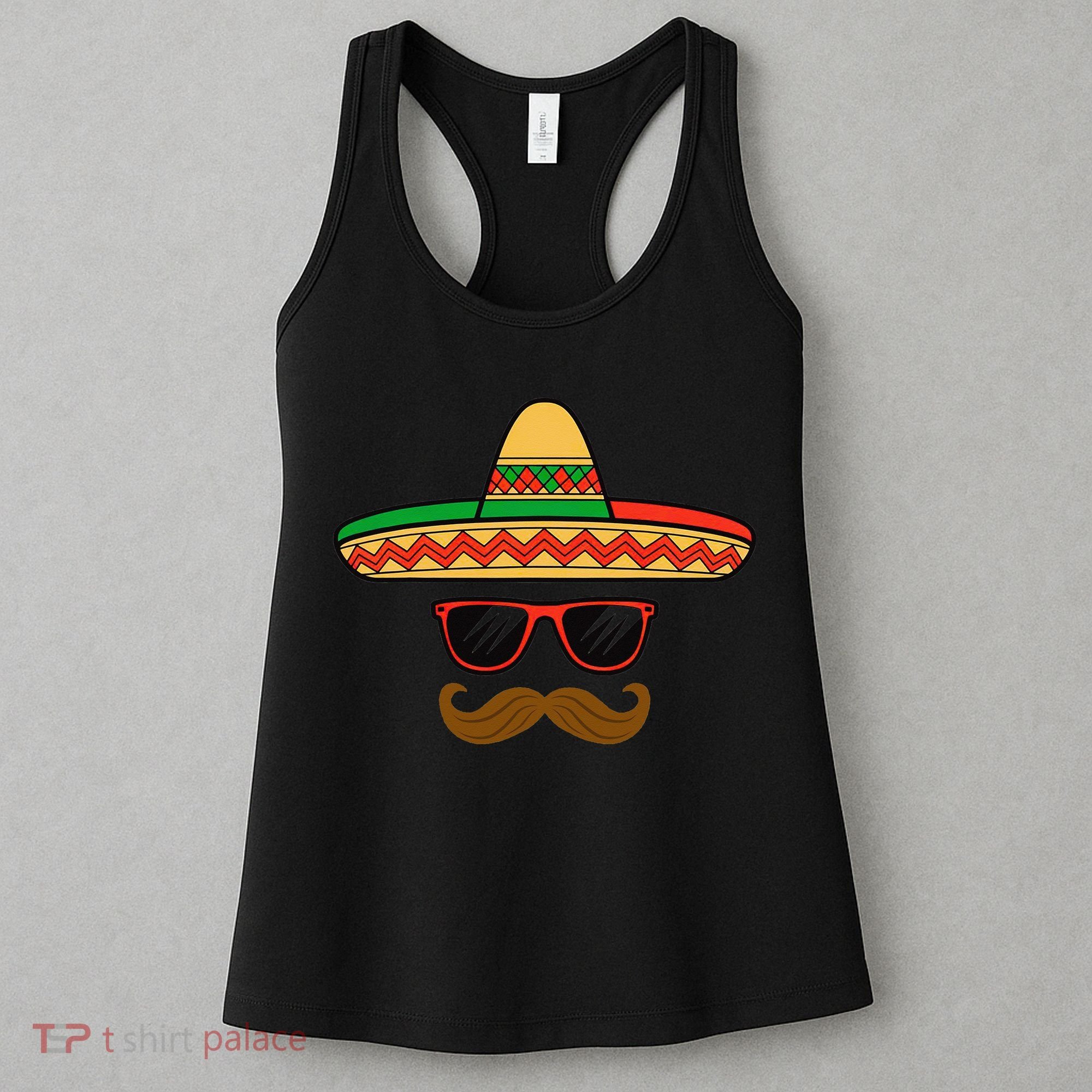 Funny Cinco De Mayo Face Mexican With Sombrero Hat Sunglass Women's Tank Top