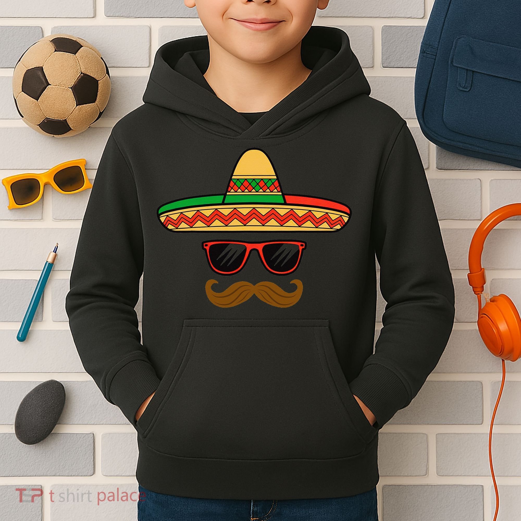 Funny Cinco De Mayo Face Mexican With Sombrero Hat Sunglass Kids Hoodie
