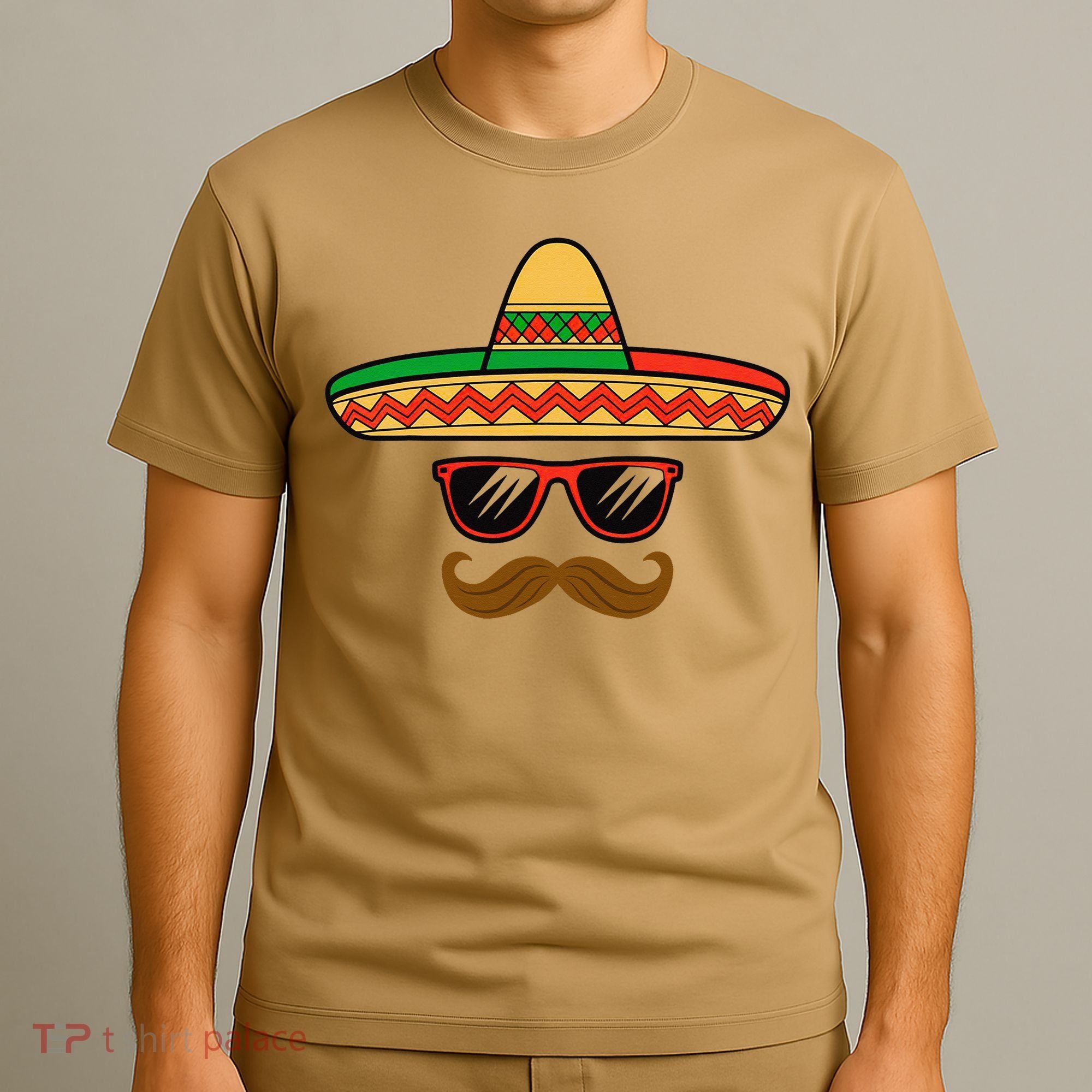 Funny Cinco De Mayo Face Mexican With Sombrero Hat Sunglass T-Shirt