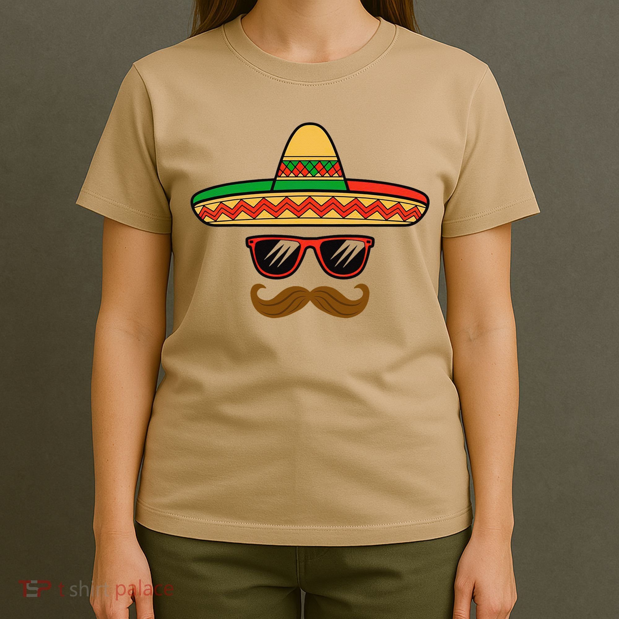 Funny Cinco De Mayo Face Mexican With Sombrero Hat Sunglass T-Shirt
