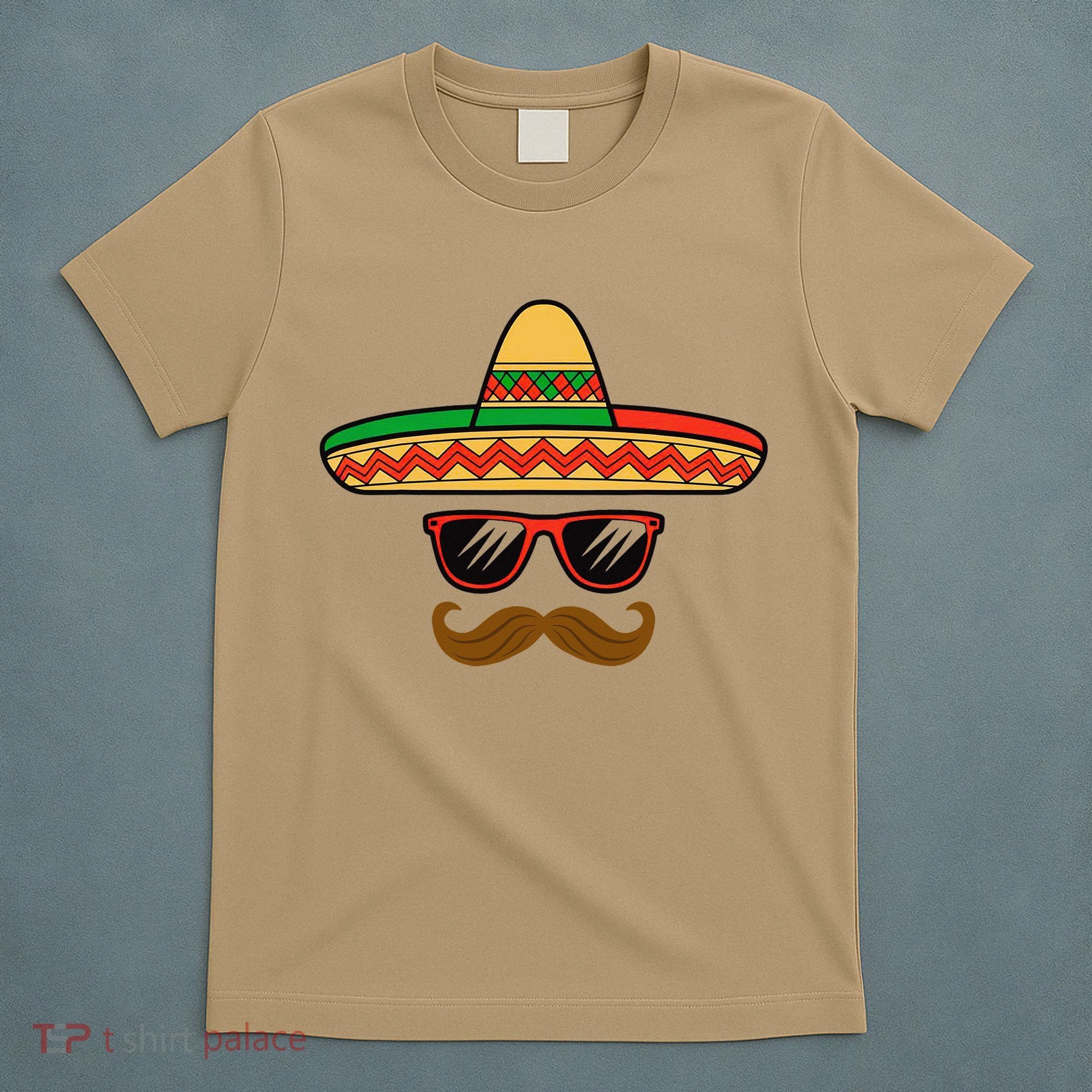Funny Cinco De Mayo Face Mexican With Sombrero Hat Sunglass T-Shirt