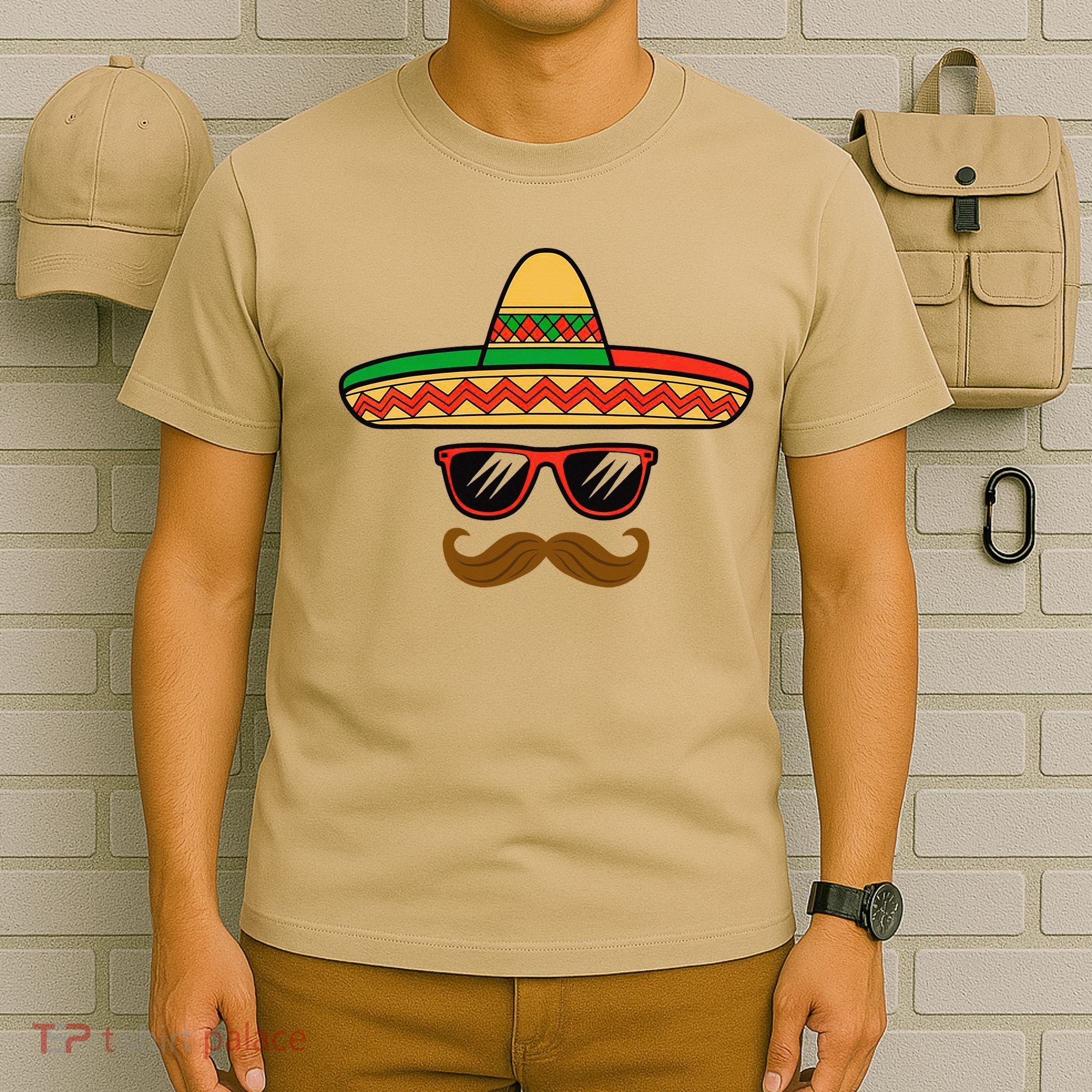 Funny Cinco De Mayo Face Mexican With Sombrero Hat Sunglass T-Shirt