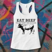 Funny Cow Eat Beef the West Wasn't Won on Salads Farm Cattle Women's Tank Top thumb 3