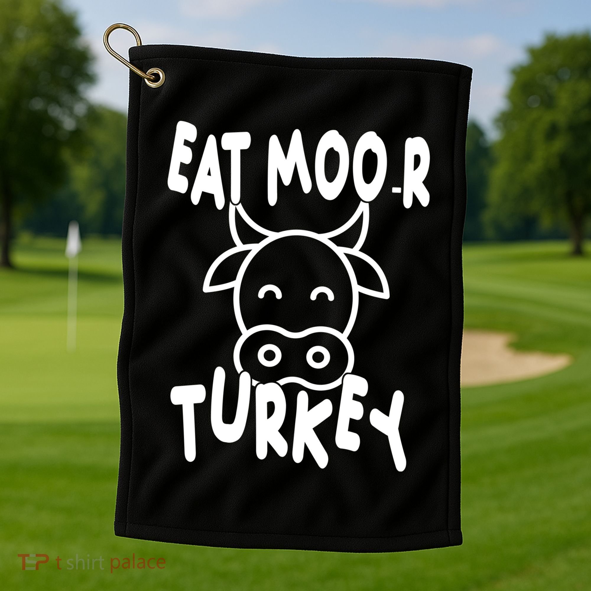 Funny Cow Eat More Turkey Thanksgiving Golf Towel