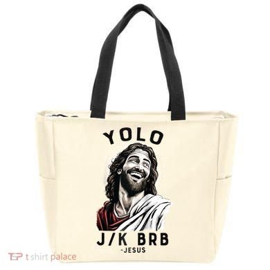 Funny Christian Easter Jesus YOLO JK BRB Raglan Tote Bag