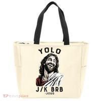 Funny Christian Easter Jesus YOLO JK BRB Raglan Tote Bag thumb 0