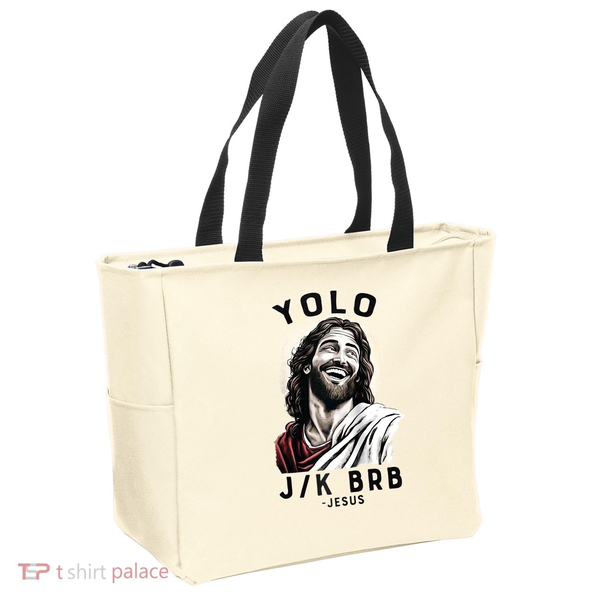Funny Christian Easter Jesus YOLO JK BRB Raglan Tote Bag