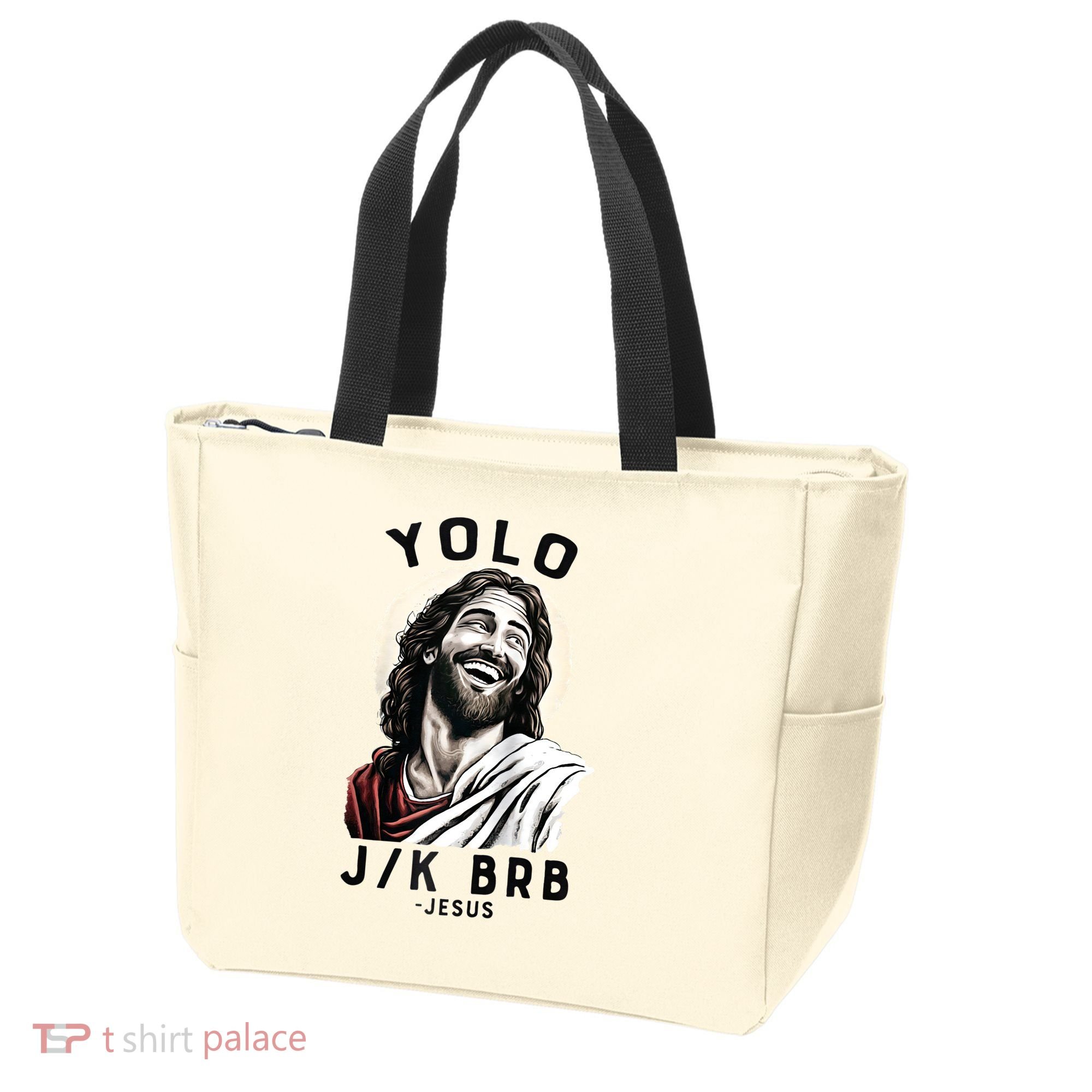 Funny Christian Easter Jesus YOLO JK BRB Raglan Tote Bag