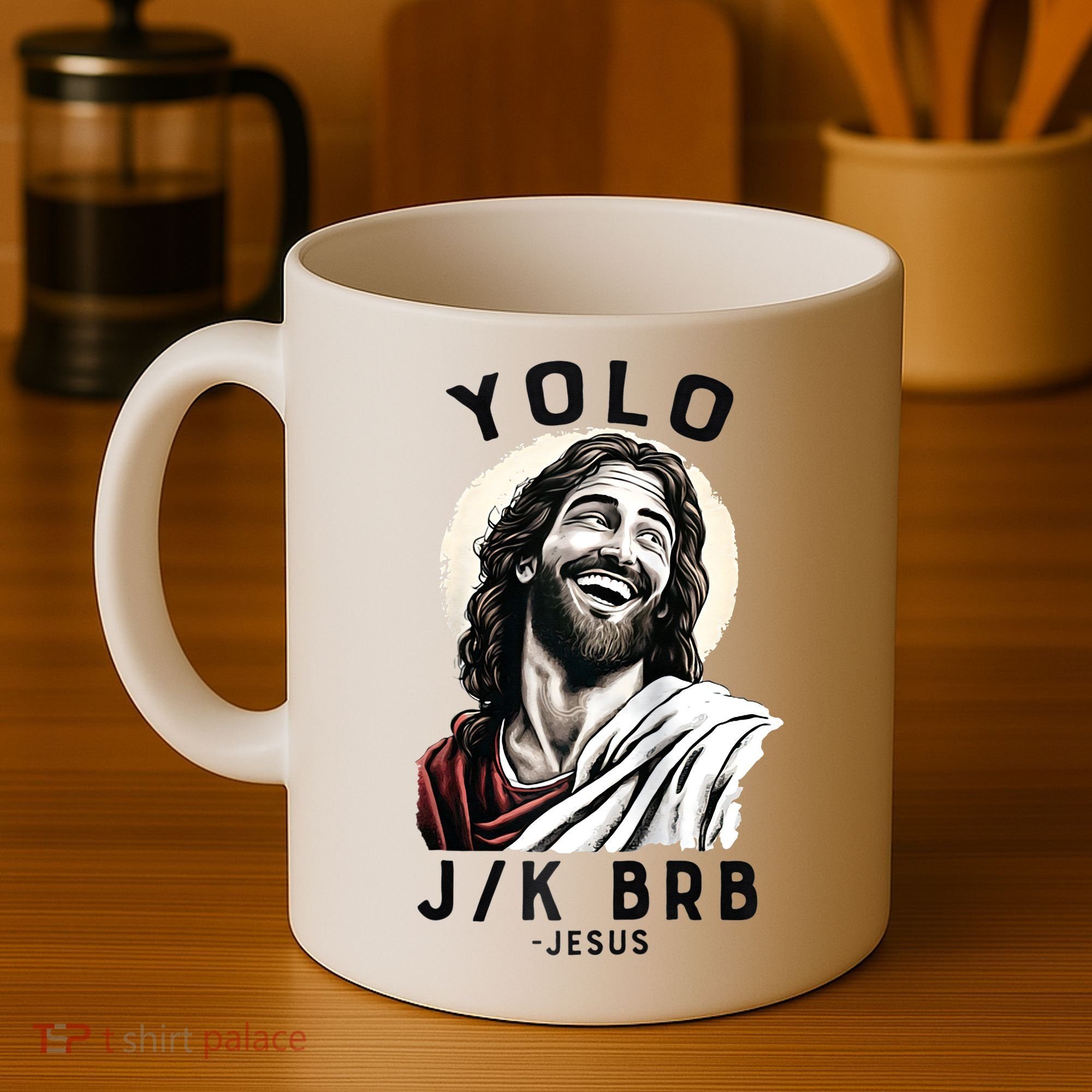 Funny Christian Easter Jesus YOLO JK BRB Raglan Coffee Mug