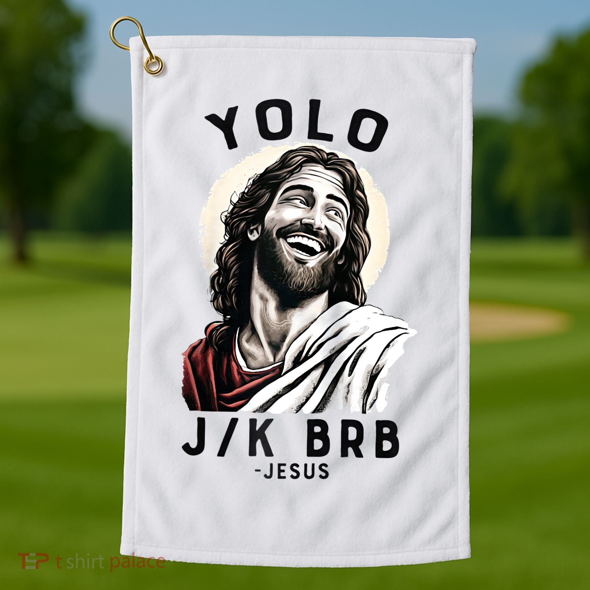 Funny Christian Easter Jesus YOLO JK BRB Raglan Golf Towel