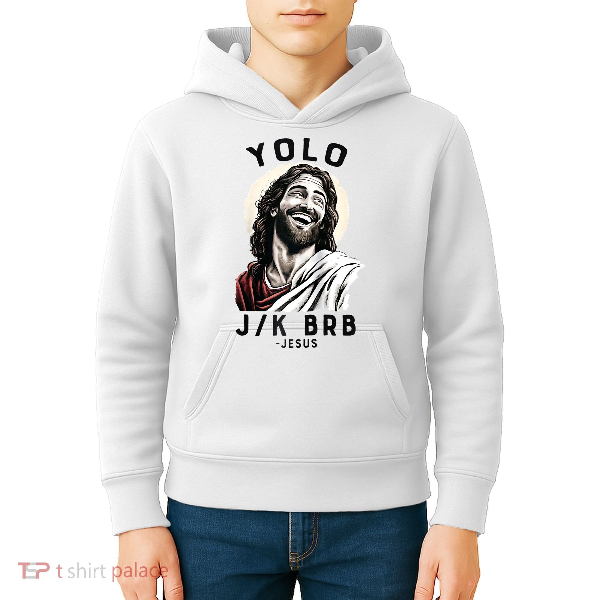 Funny Christian Easter Jesus YOLO JK BRB Raglan Kids Hoodie