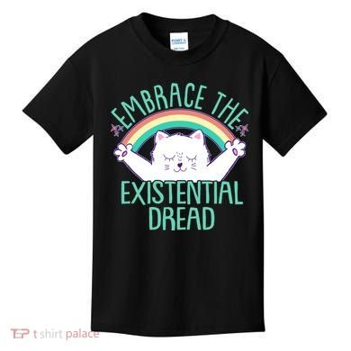 Funny Cat Embrace The Existential Dread Kids T-Shirt