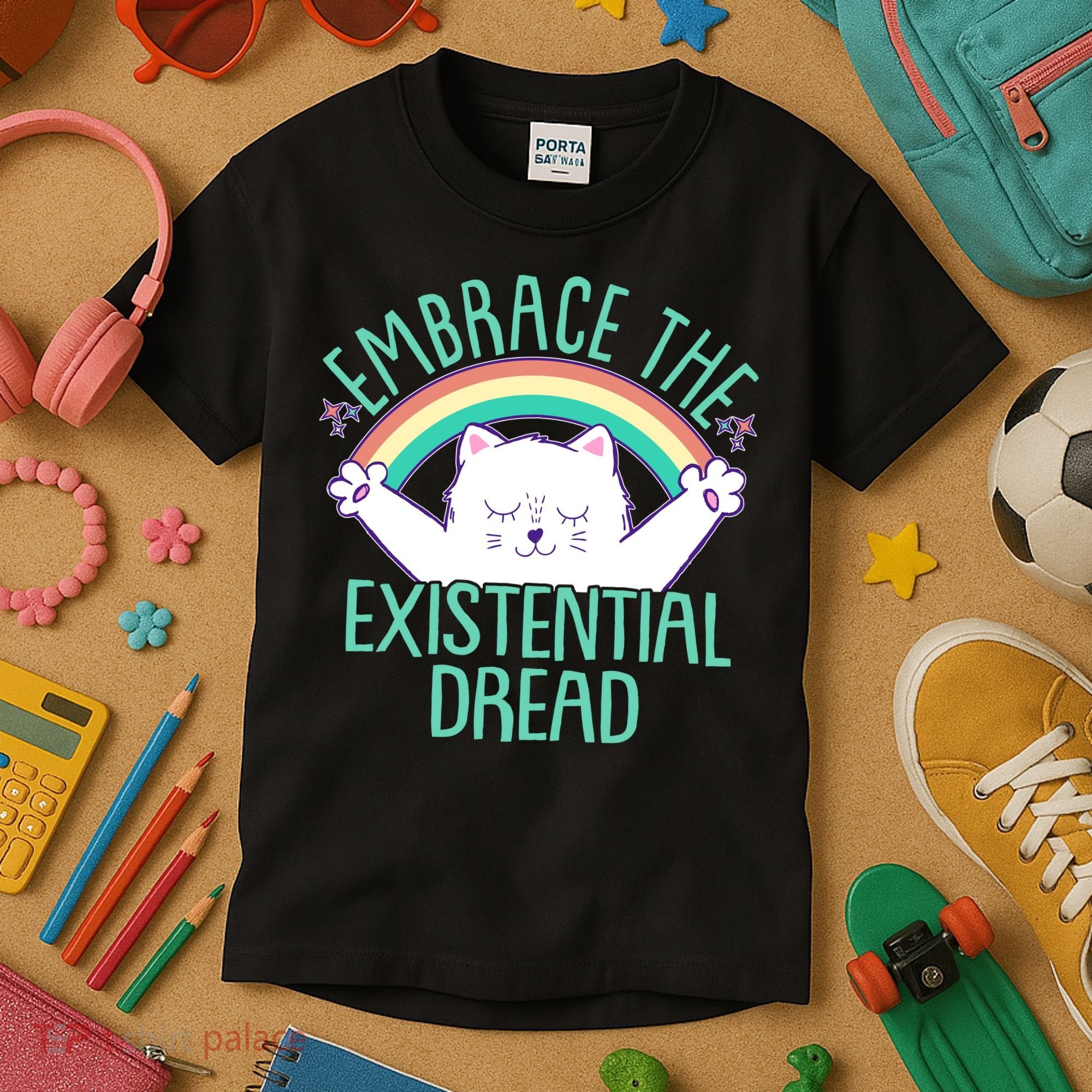Funny Cat Embrace The Existential Dread Kids T-Shirt