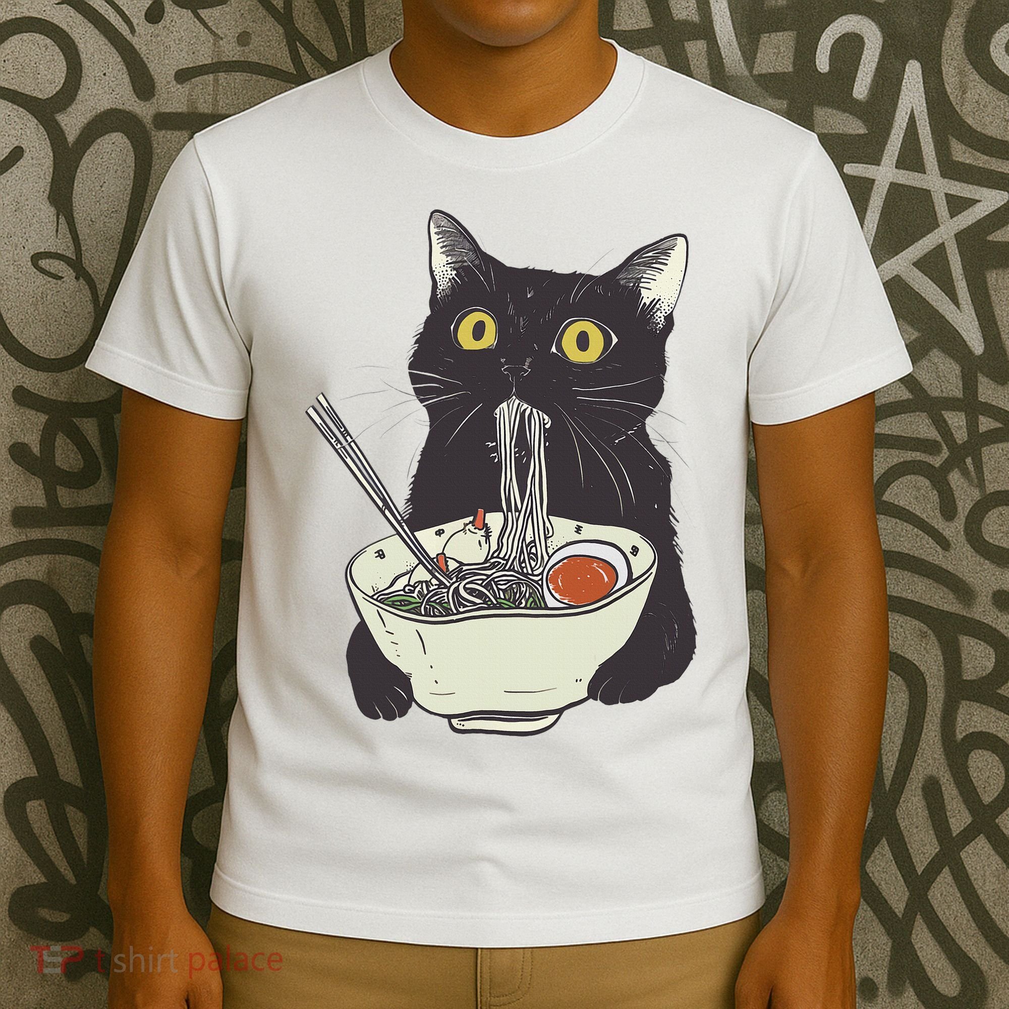 Funny Cat Eating Ramen Vintage Japanese Noodles T-Shirt