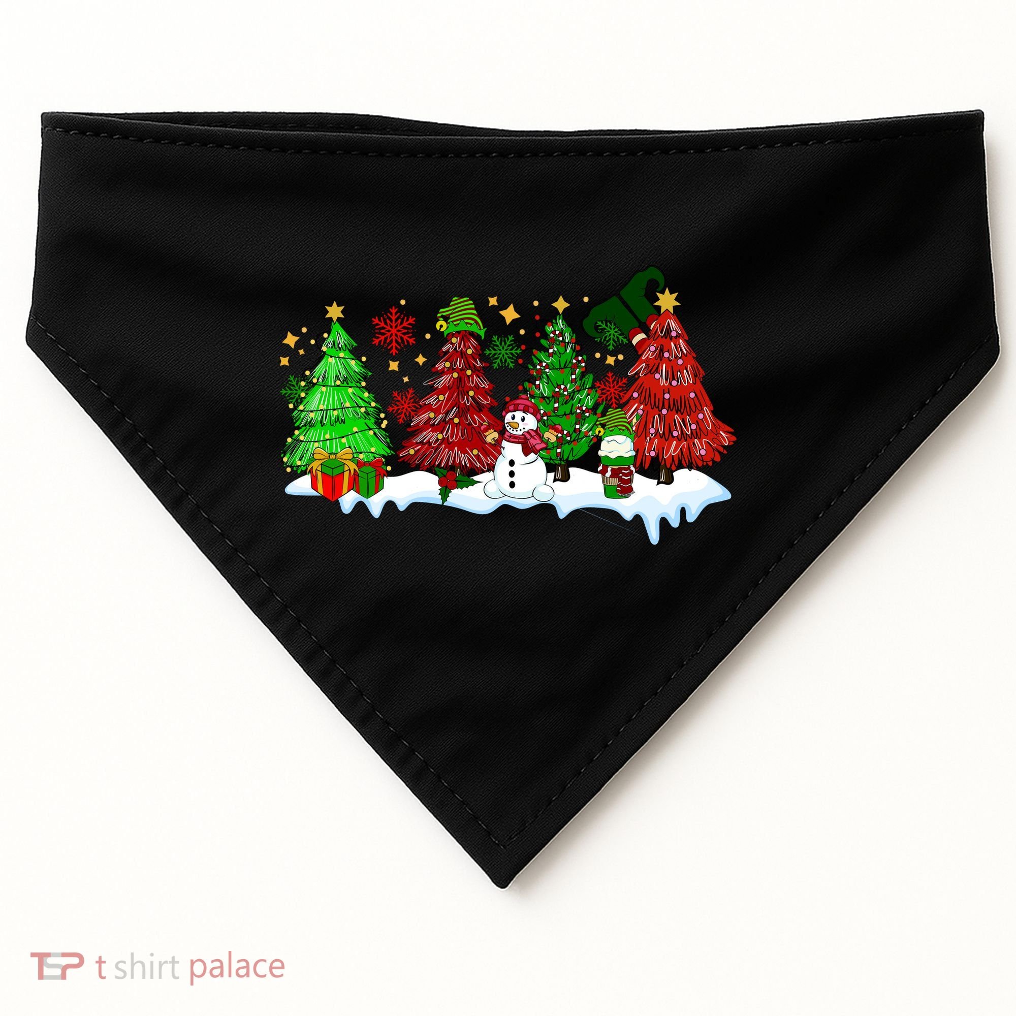 Funny Christmas Elf In Tree With Snowman Scene USA-Made Doggie Bandana