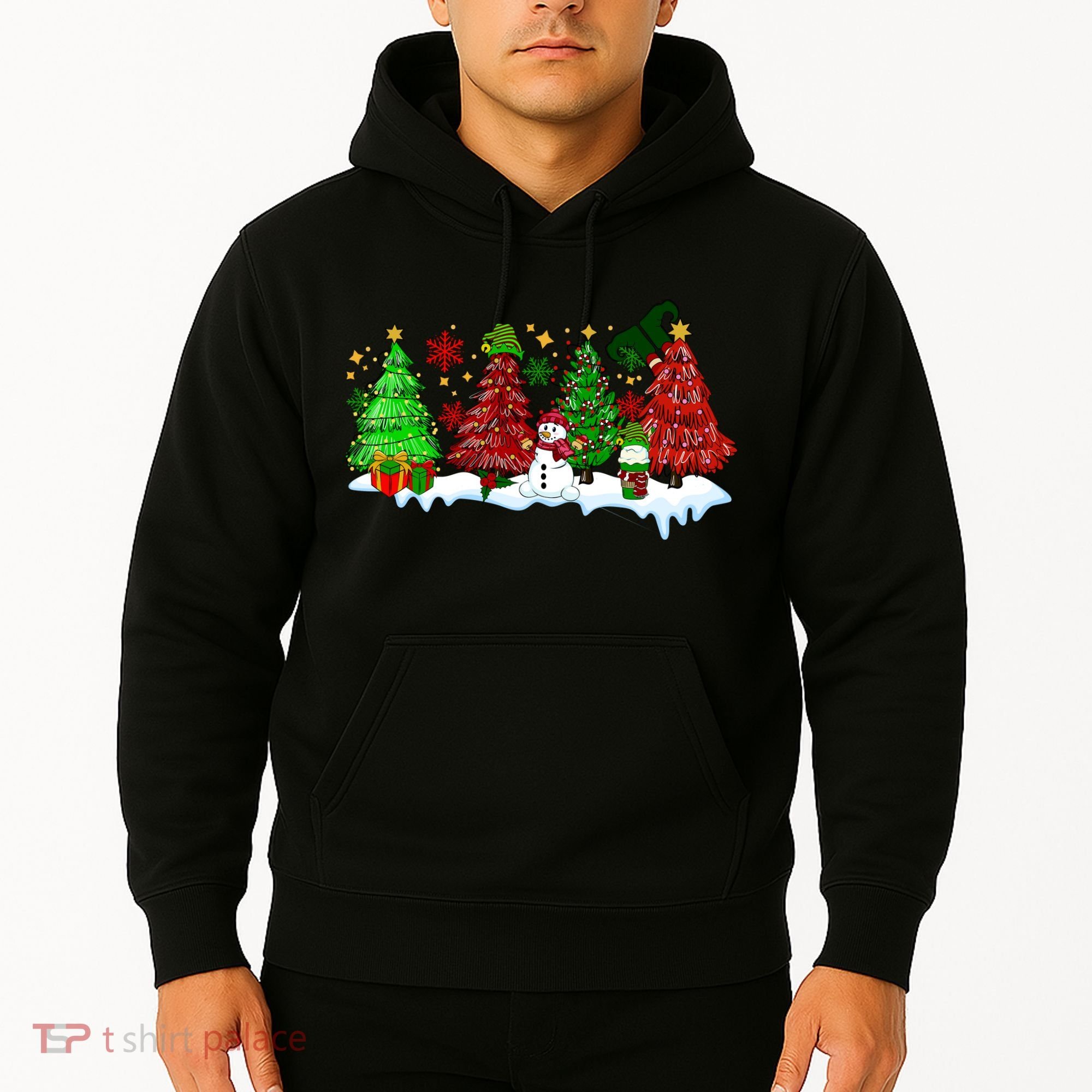 Funny Christmas Elf In Tree With Snowman Scene Hoodie