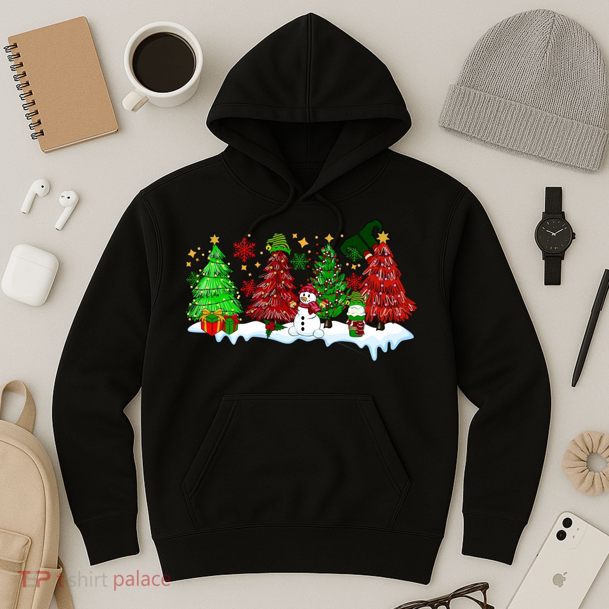 Funny Christmas Elf In Tree With Snowman Scene Hoodie