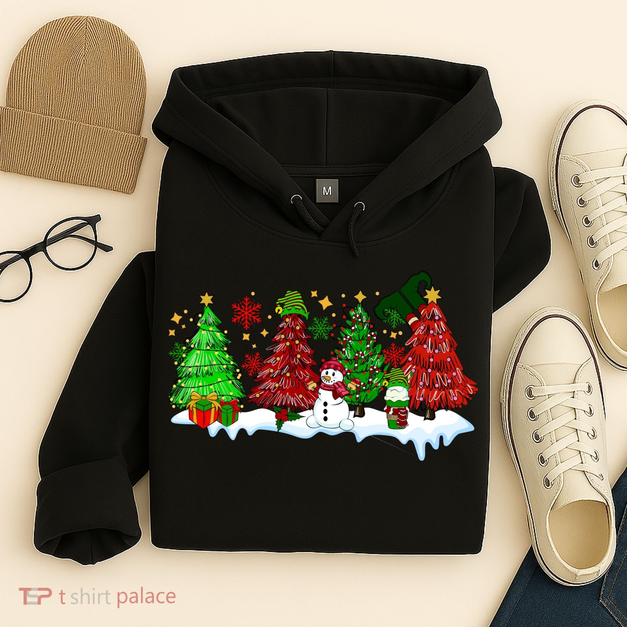 Funny Christmas Elf In Tree With Snowman Scene Hoodie