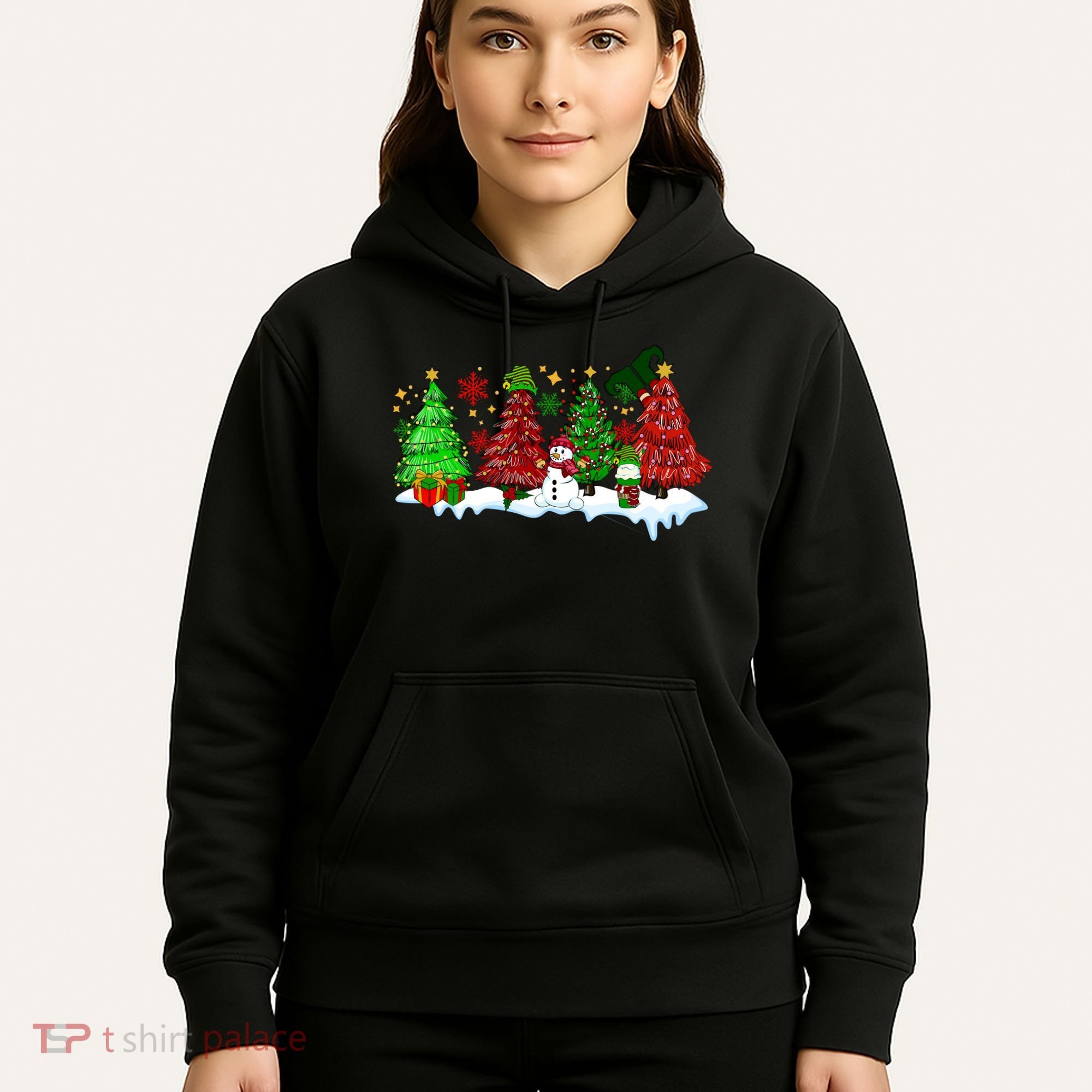 Funny Christmas Elf In Tree With Snowman Scene Hoodie