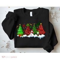 Funny Christmas Elf In Tree With Snowman Scene Sweatshirt thumb 2
