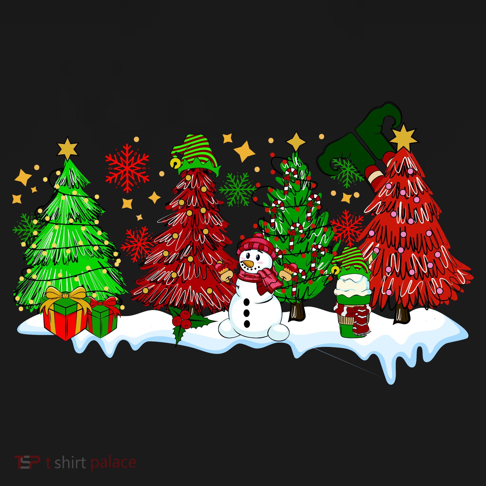 Funny Christmas Elf In Tree With Snowman Scene Sweatshirt