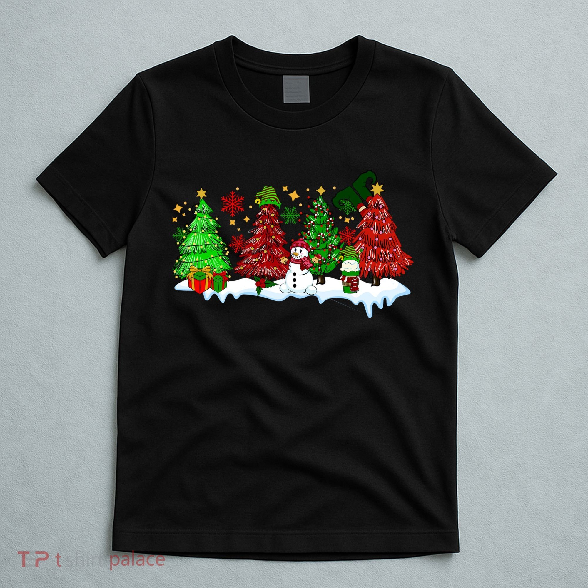 Funny Christmas Elf In Tree With Snowman Scene T-Shirt