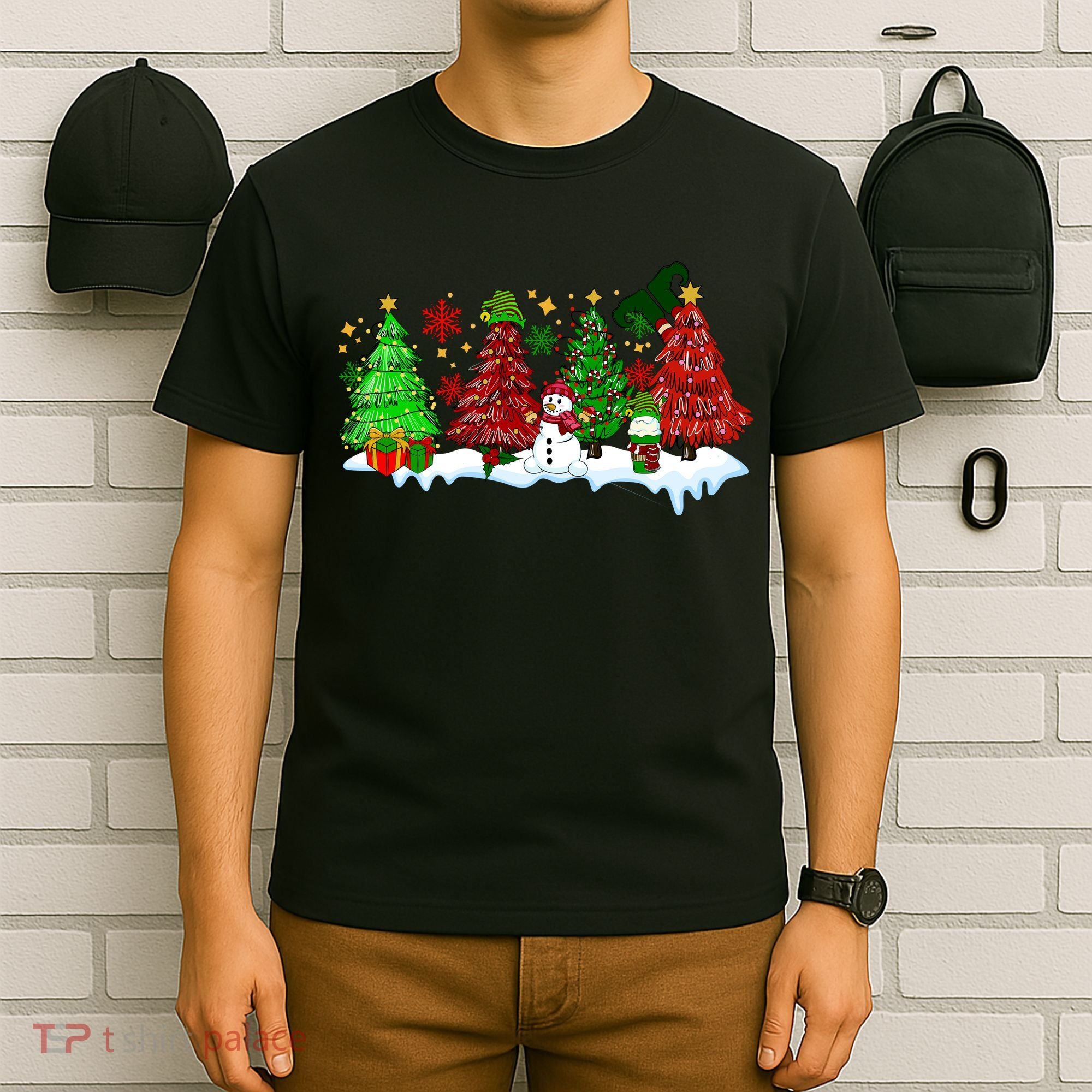 Funny Christmas Elf In Tree With Snowman Scene T-Shirt