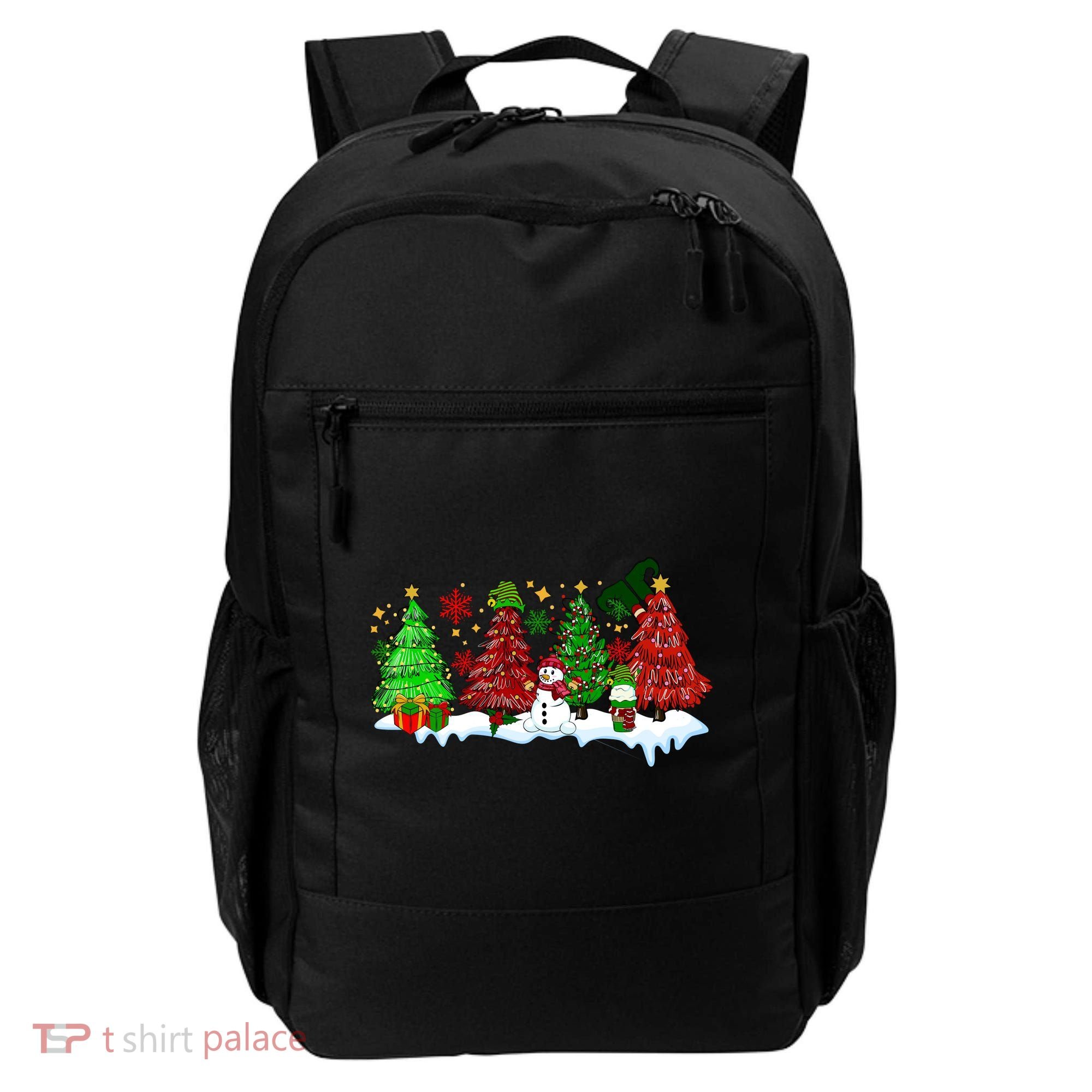 Funny Christmas Elf In Tree With Snowman Scene Backpack