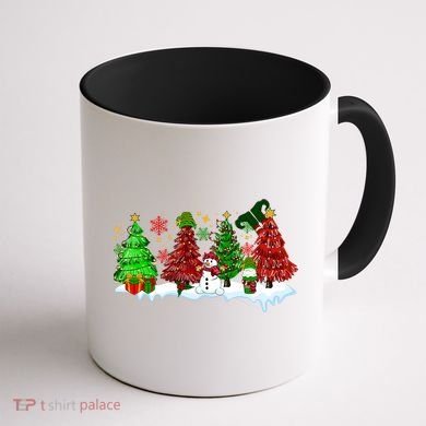 Funny Christmas Elf In Tree With Snowman Scene Coffee Mug back