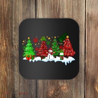 Funny Christmas Elf In Tree With Snowman Scene Coaster