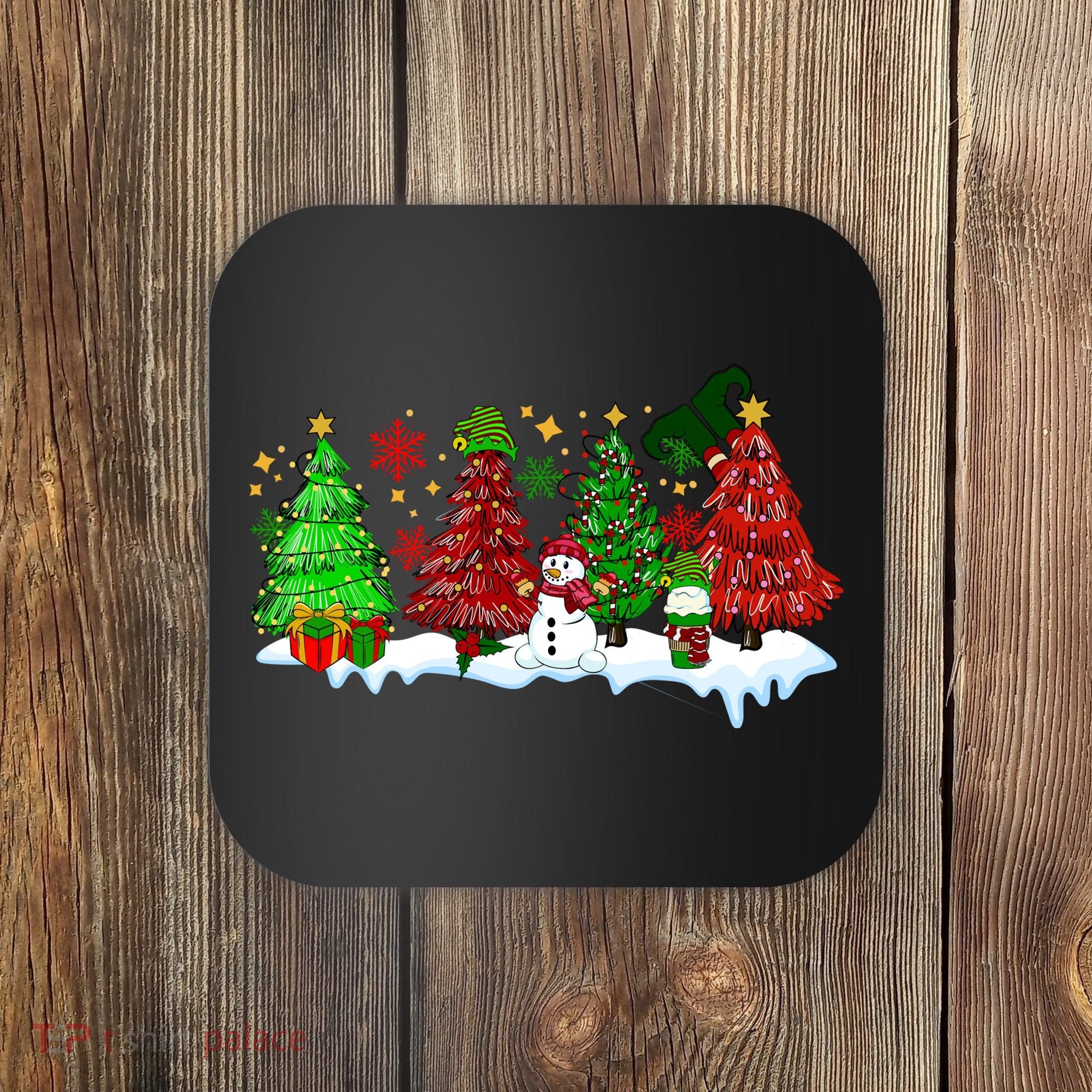 Funny Christmas Elf In Tree With Snowman Scene Coaster