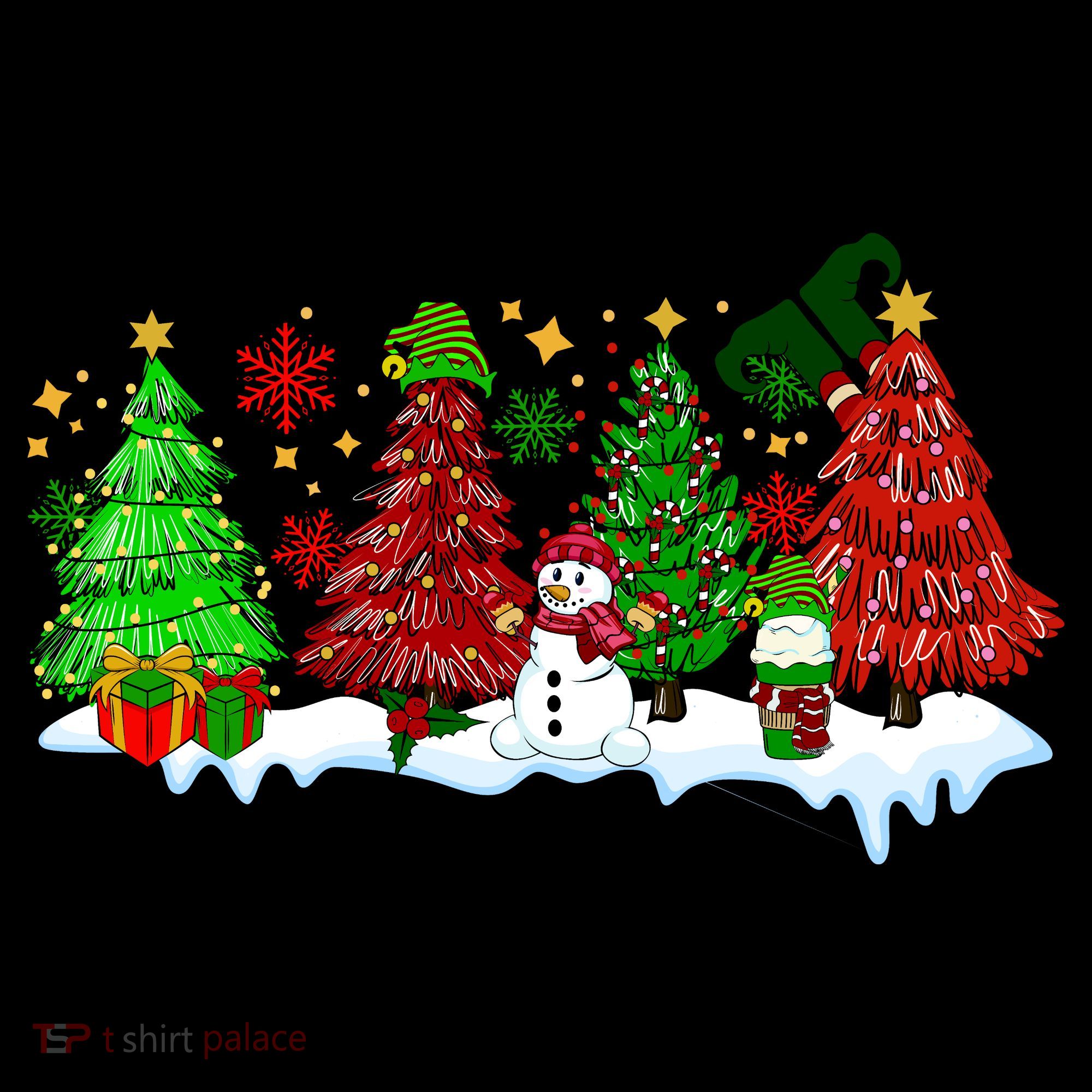 Funny Christmas Elf In Tree With Snowman Scene Women's Hoodie
