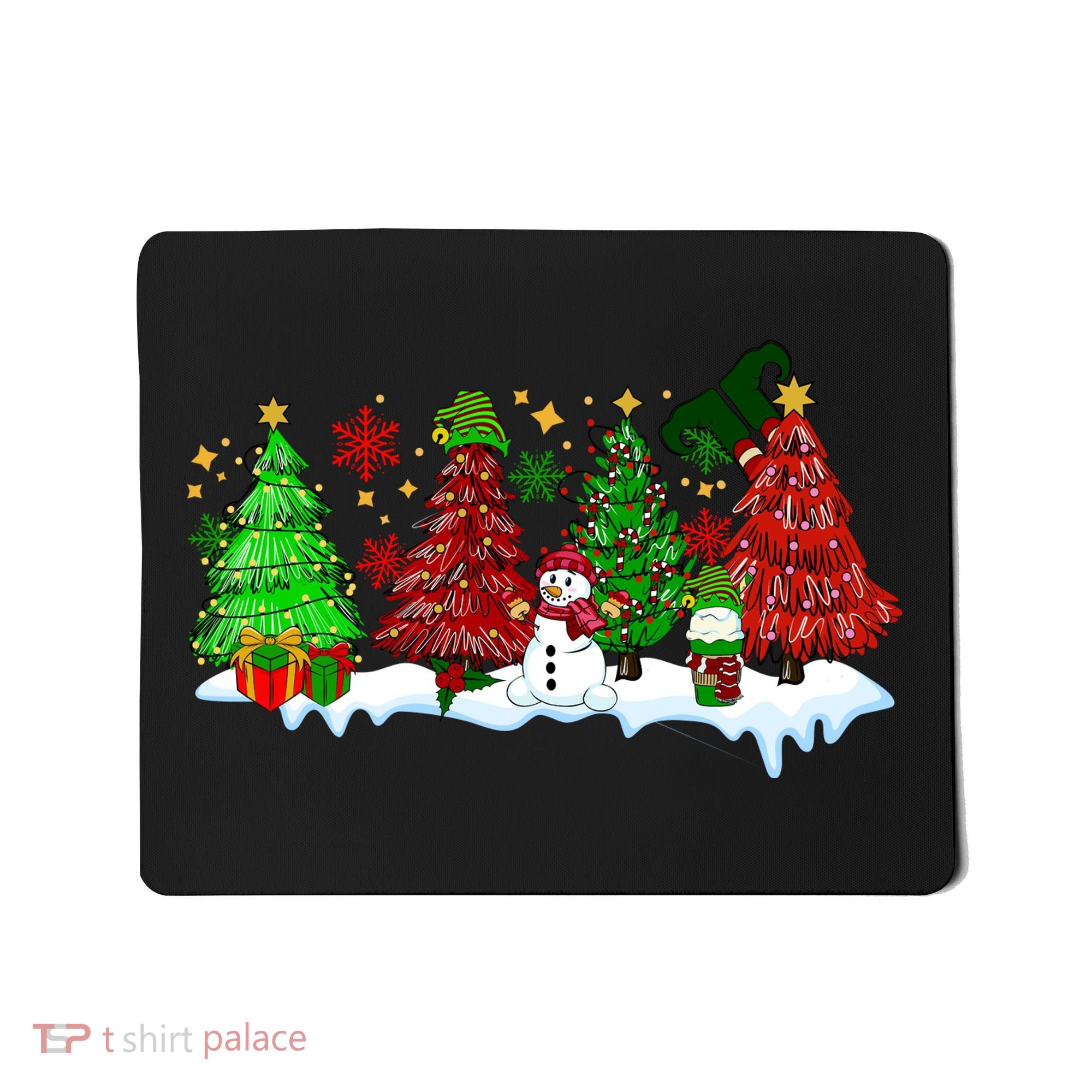 Funny Christmas Elf In Tree With Snowman Scene Mousepad