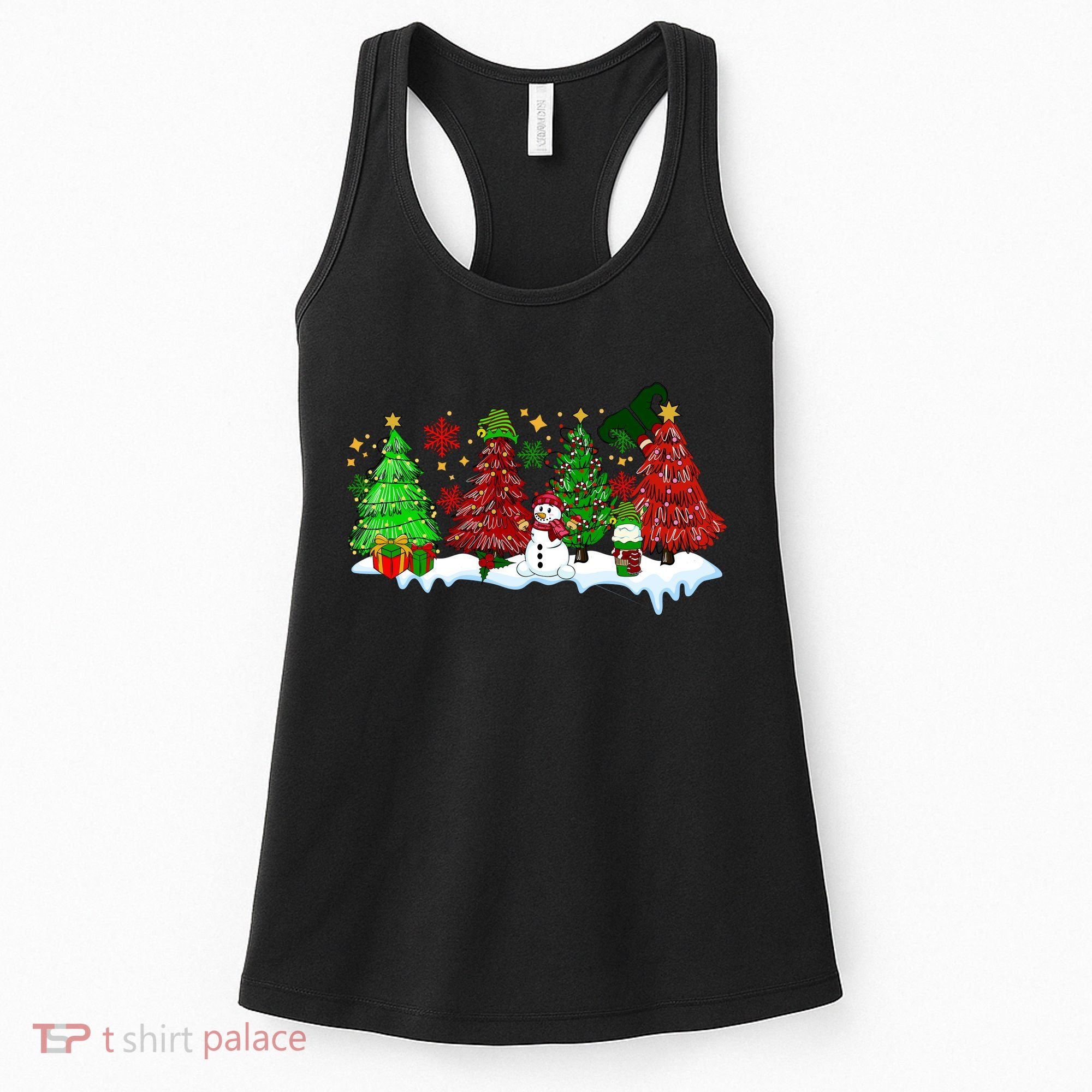 Funny Christmas Elf In Tree With Snowman Scene Women's Tank Top