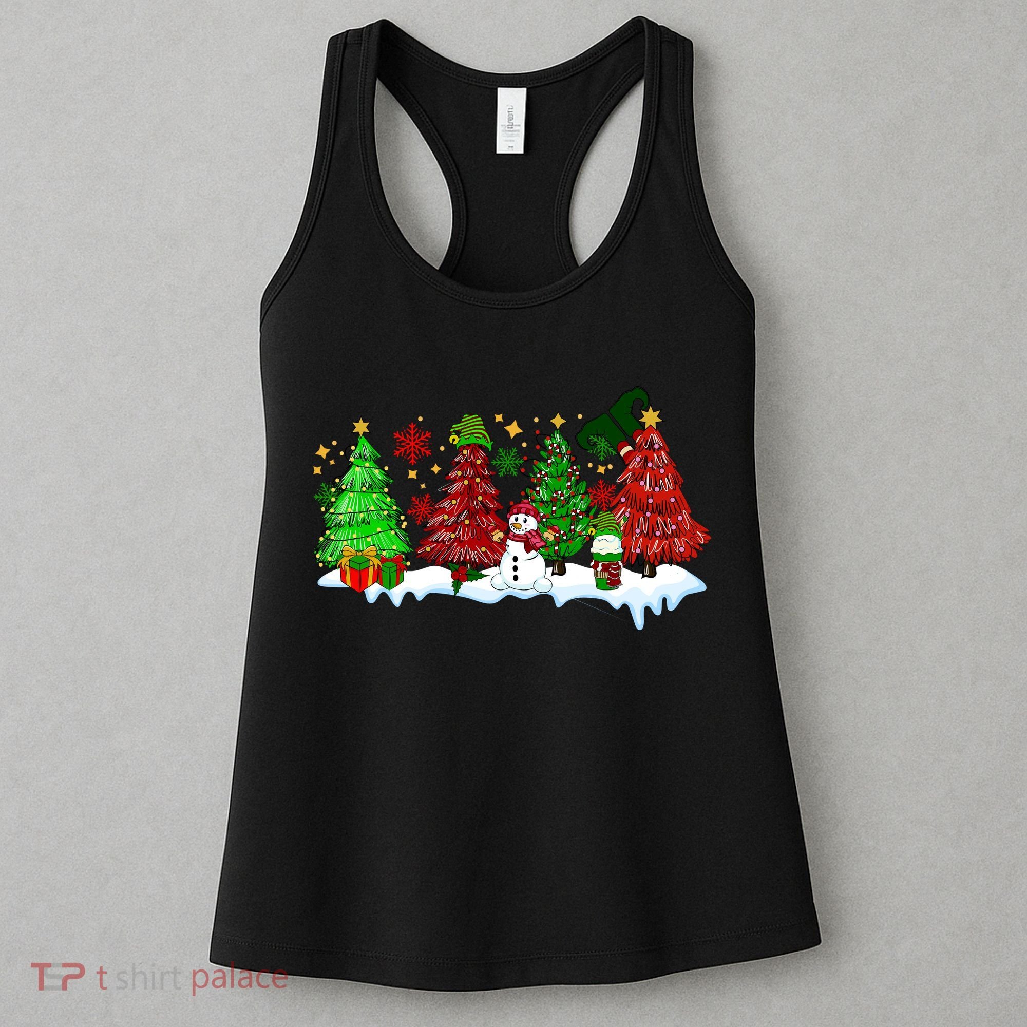 Funny Christmas Elf In Tree With Snowman Scene Women's Tank Top