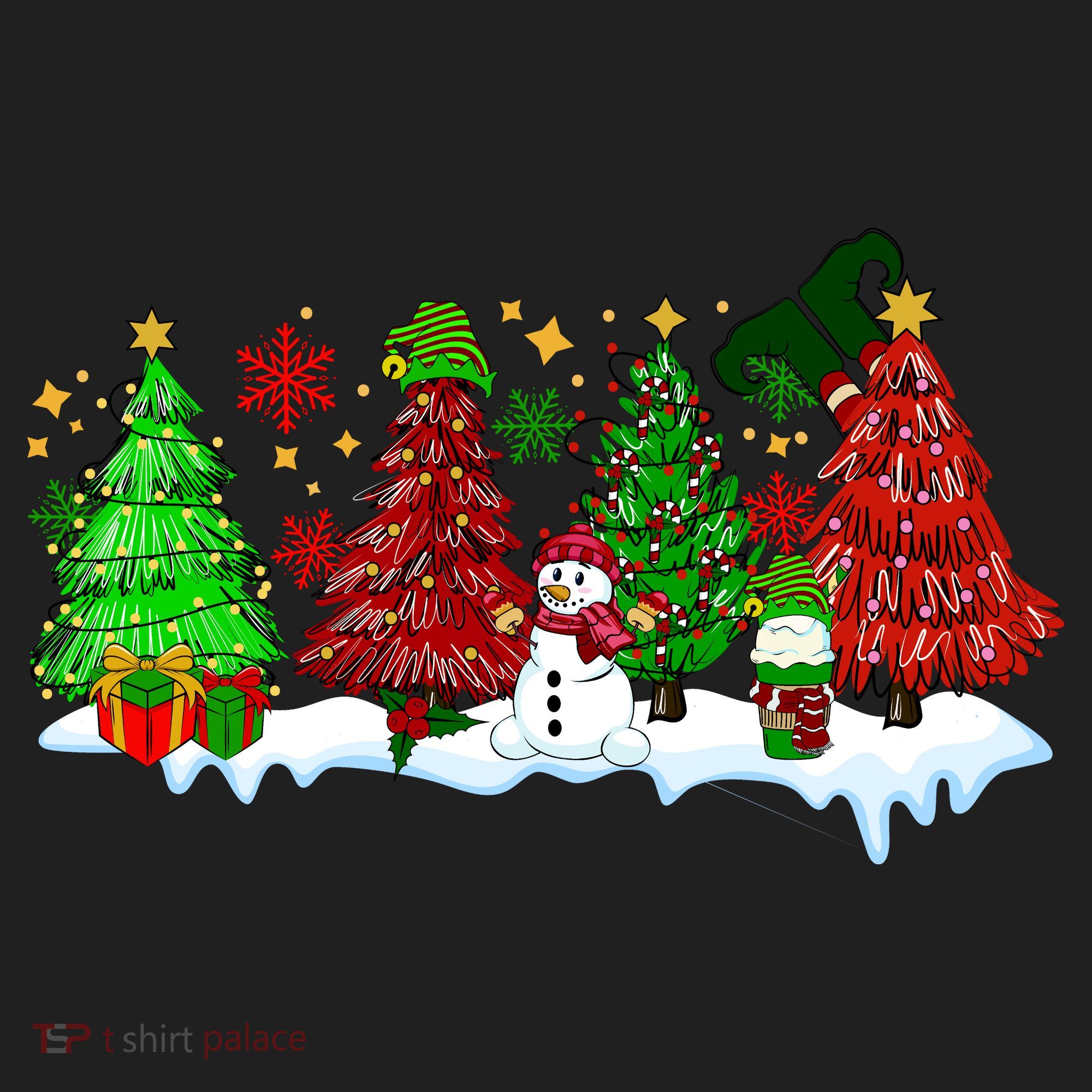 Funny Christmas Elf In Tree With Snowman Scene Hat