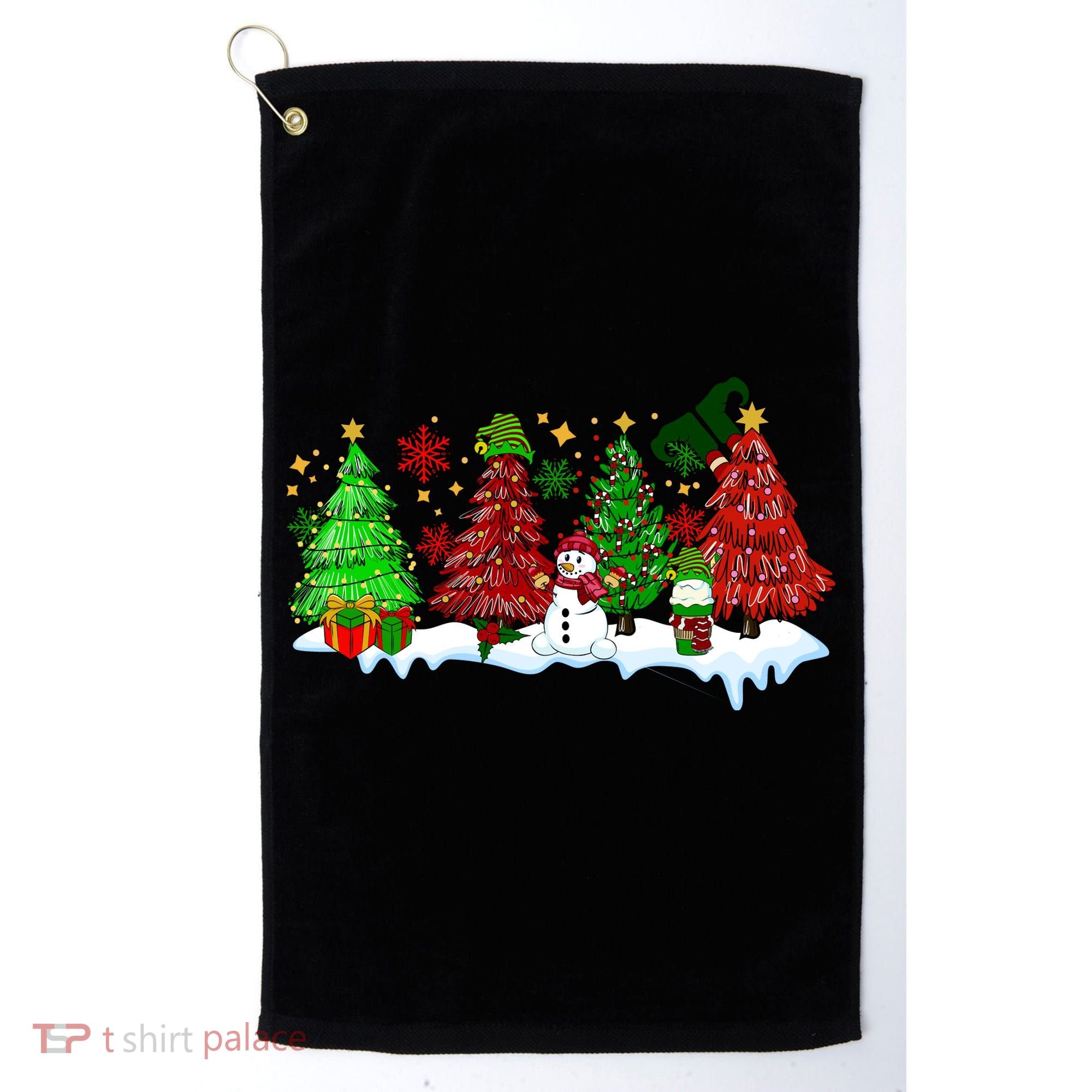 Funny Christmas Elf In Tree With Snowman Scene Golf Towel