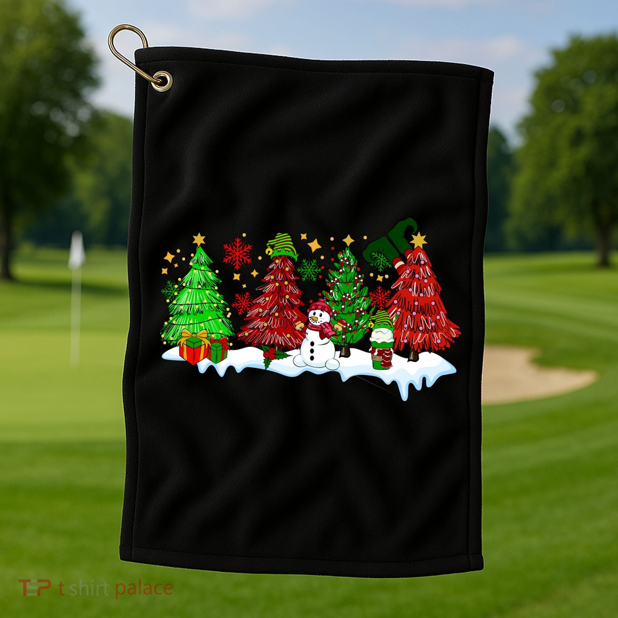 Funny Christmas Elf In Tree With Snowman Scene Golf Towel