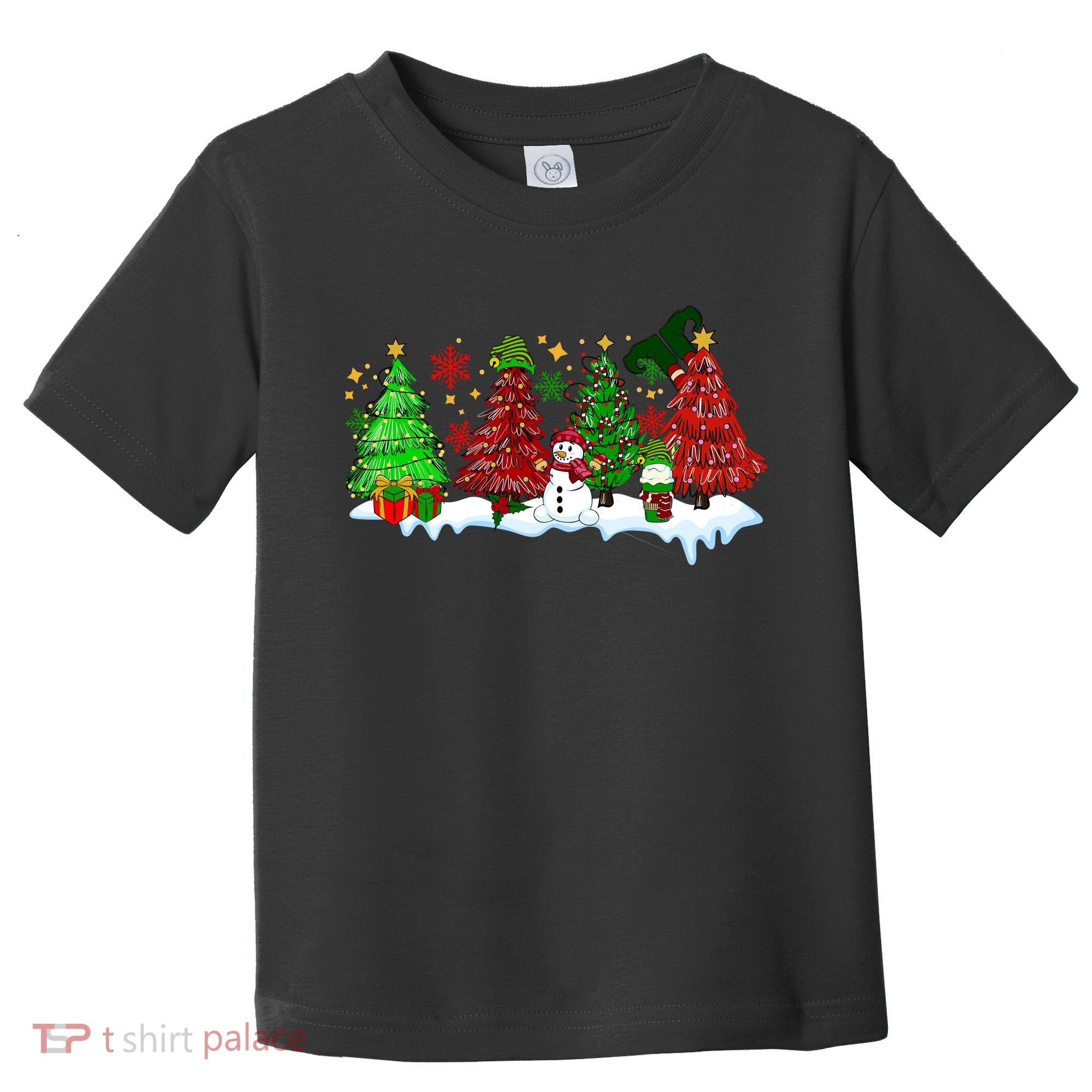 Funny Christmas Elf In Tree With Snowman Scene Toddler T-Shirt