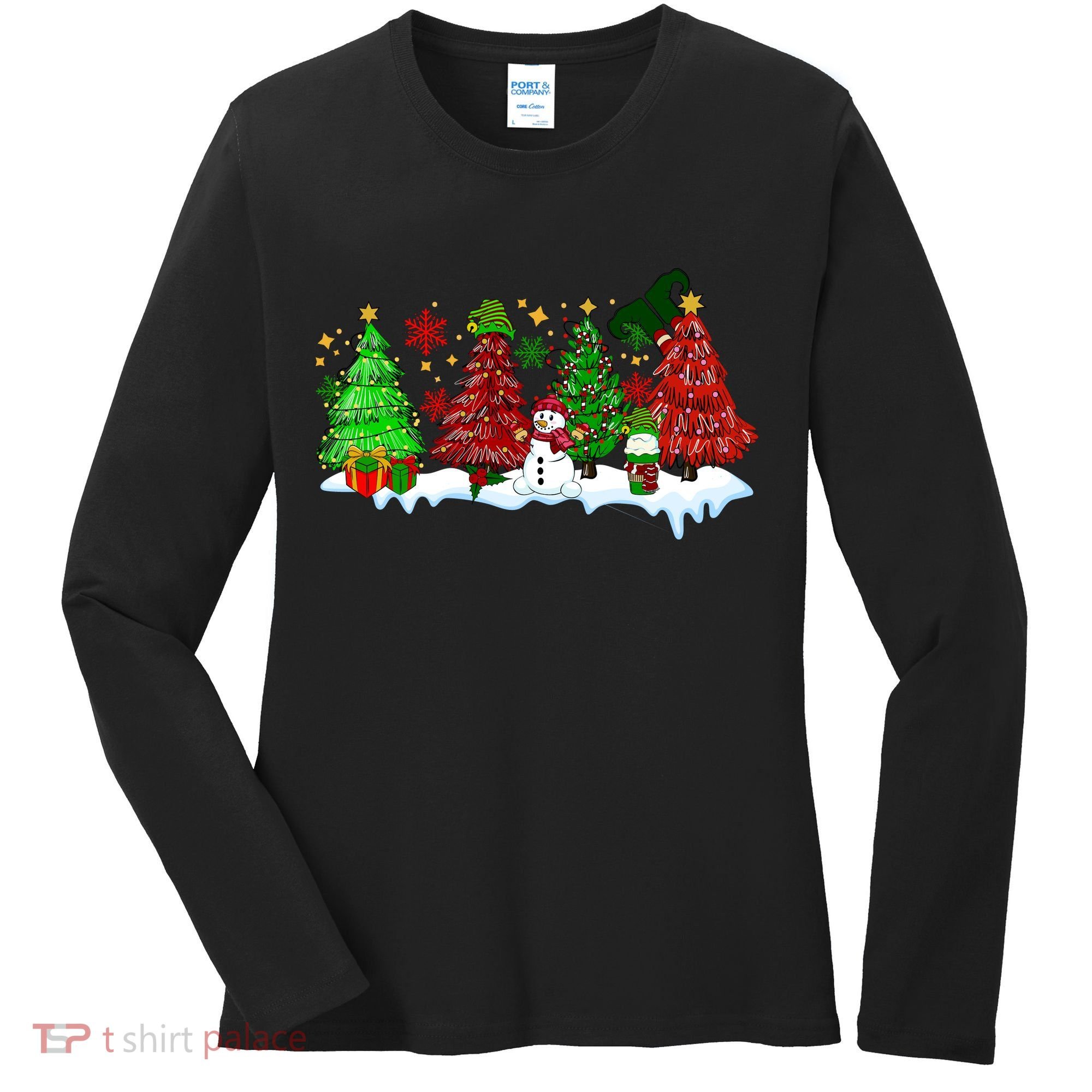 Funny Christmas Elf In Tree With Snowman Scene Women's Long Sleeve Shirt