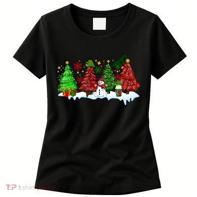 Funny Christmas Elf In Tree With Snowman Scene Women's T-Shirt